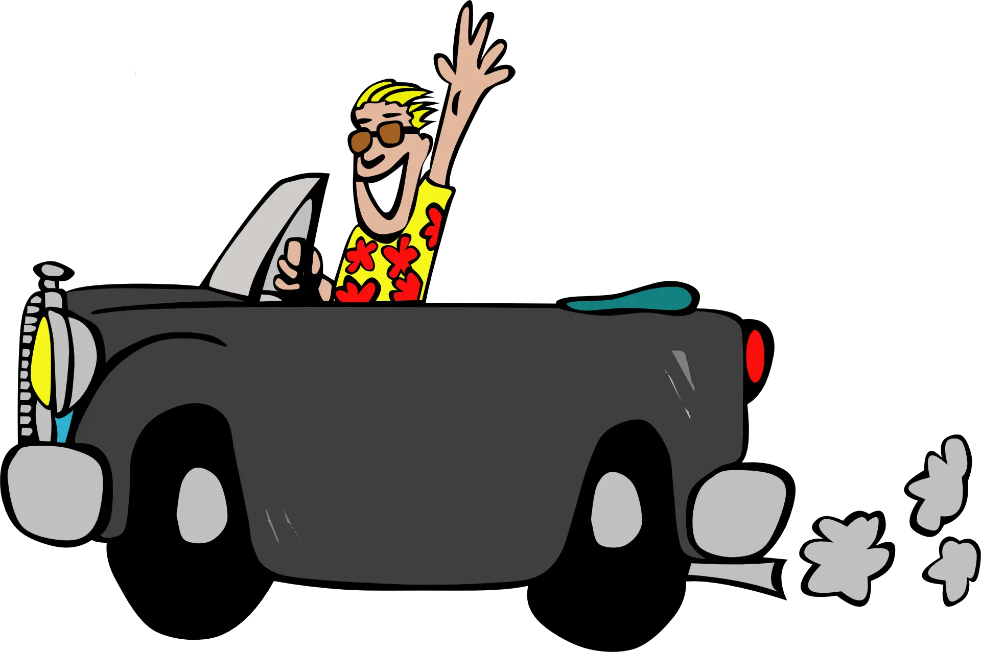 Cartoon Character in Convertible Car Waving