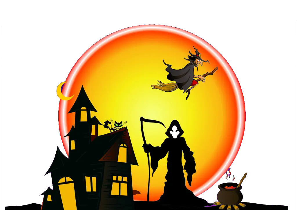 Halloween Scene with Witch and Grim Reaper