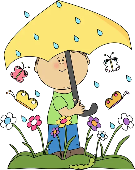 Cute Boy with Yellow Umbrella in Rainy Garden