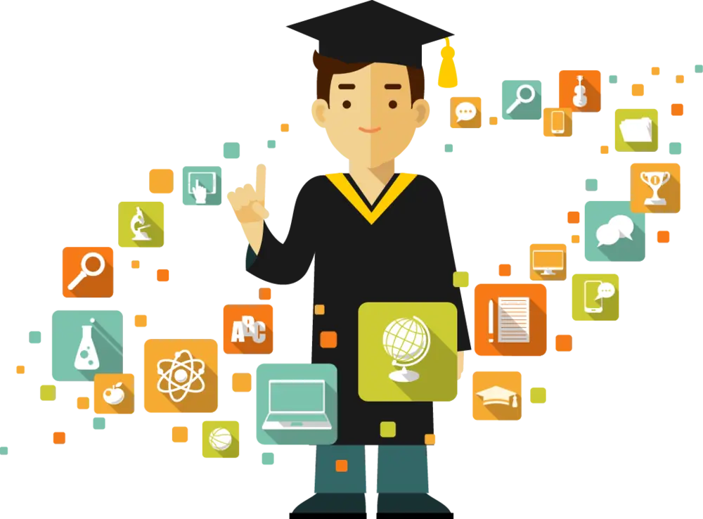 Graduate Cartoon with Educational Icons
