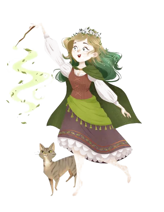 Green-haired Girl with Magic Wand and Cat