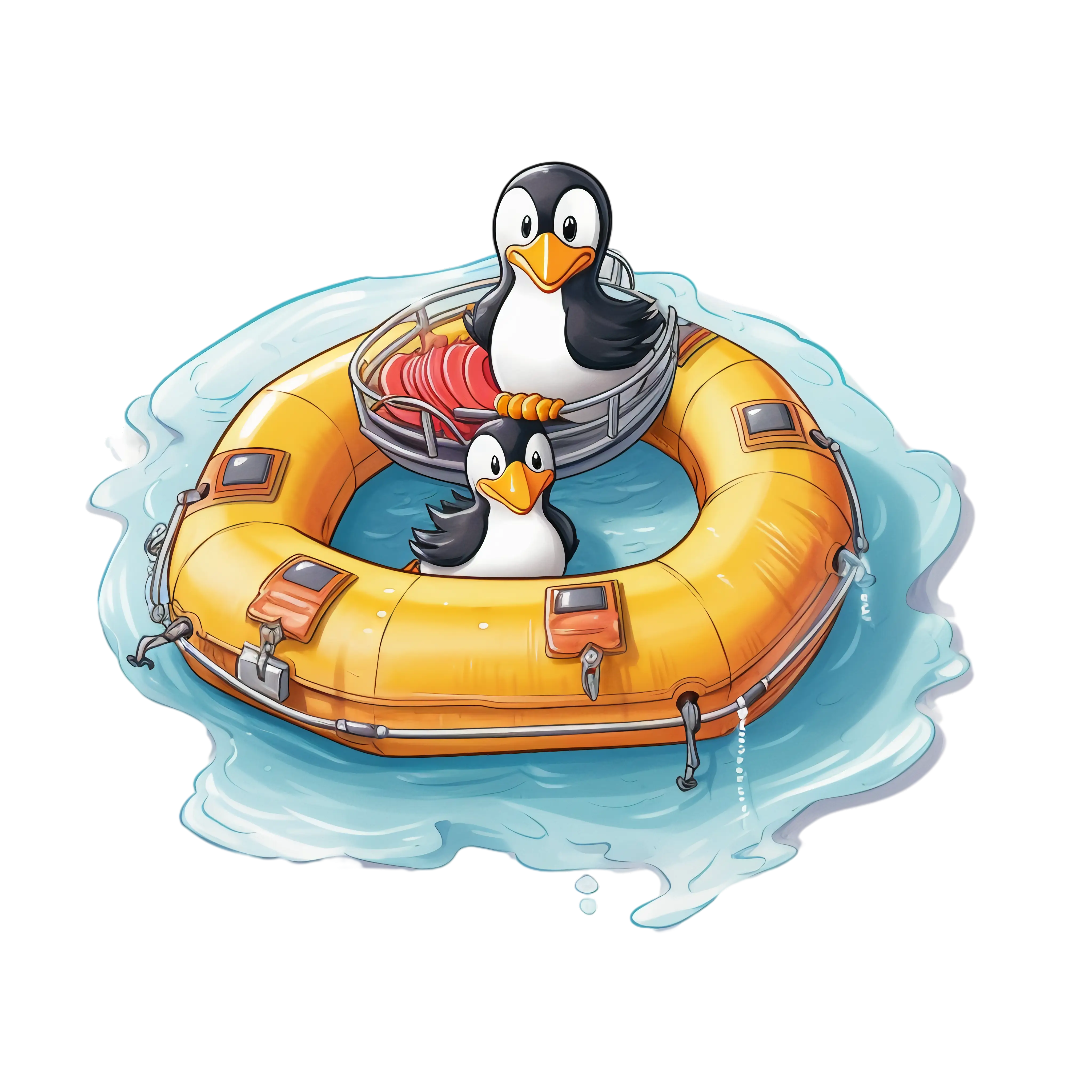 Cute Penguins on a Raft in Water