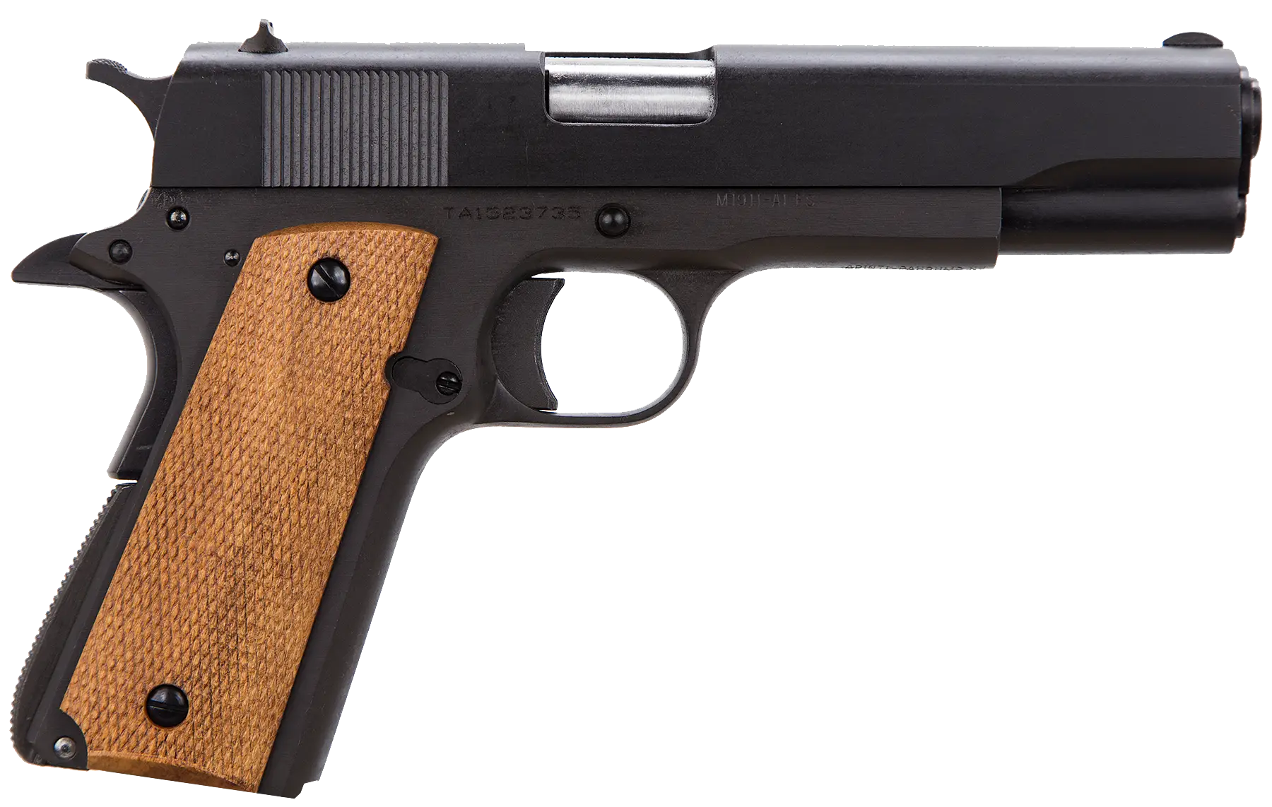 Black and Brown Pistol with Wooden Grip