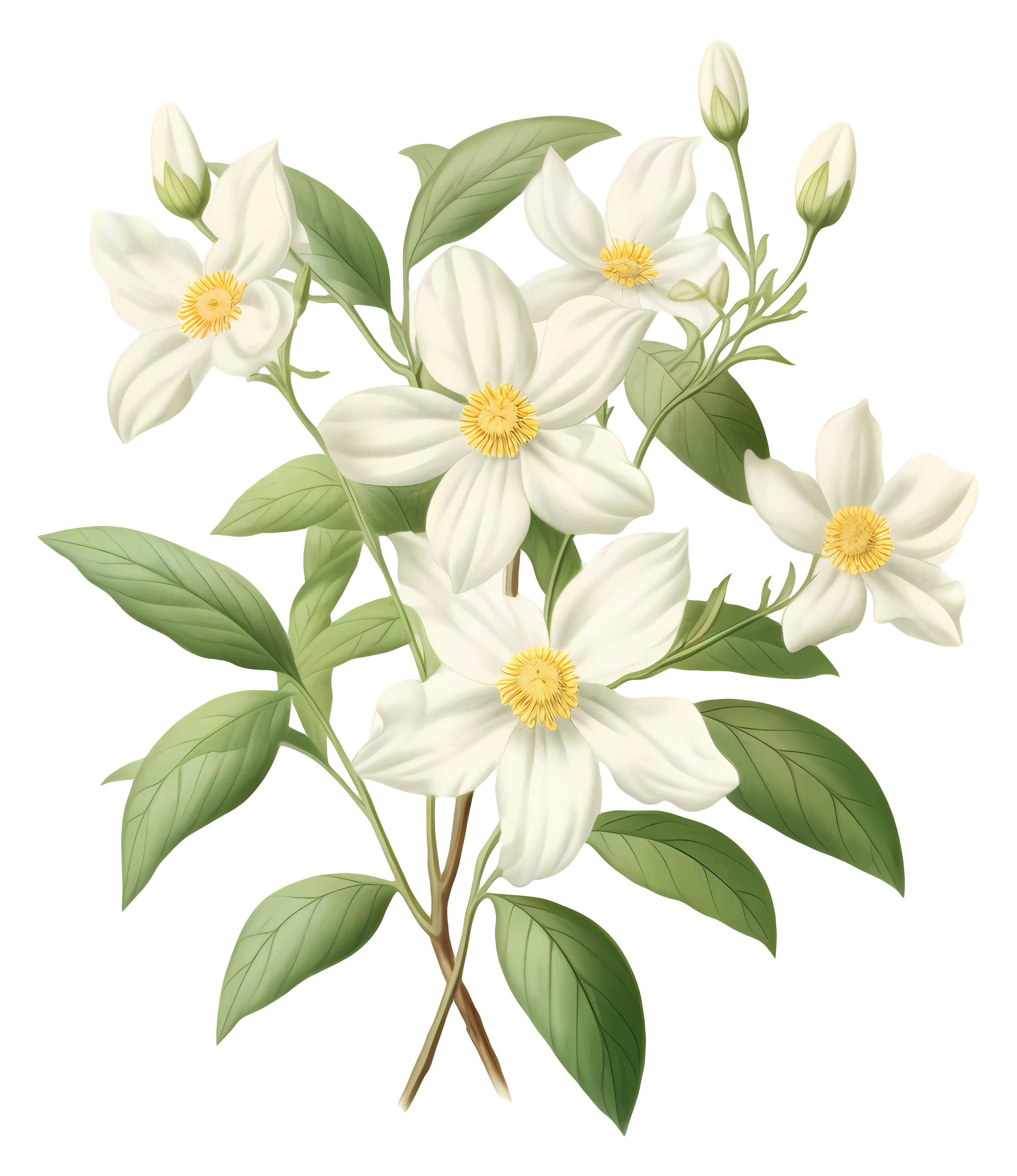 Elegant White Flower Illustration with Green Leaves