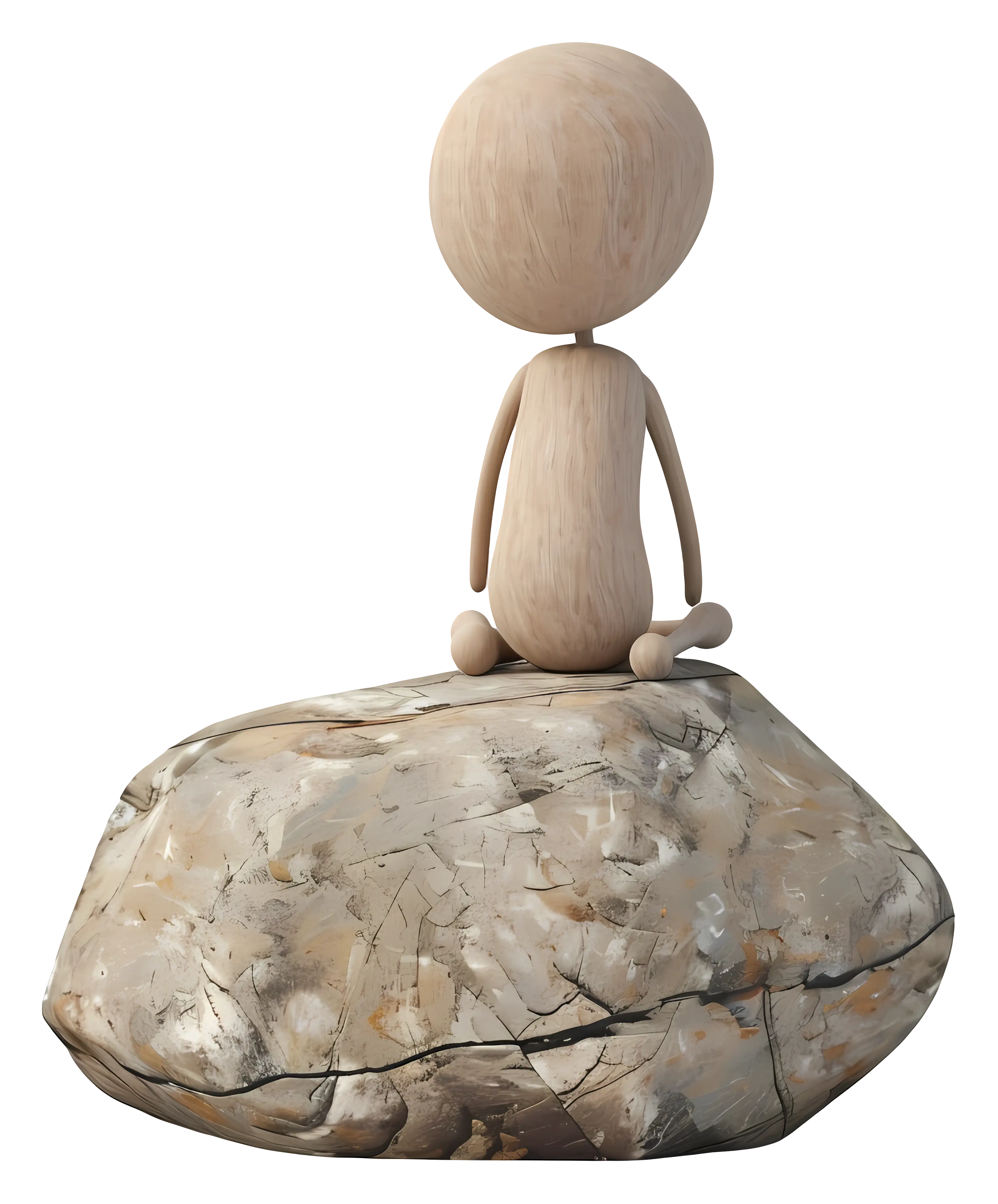 Wooden Figure Sitting on Rock