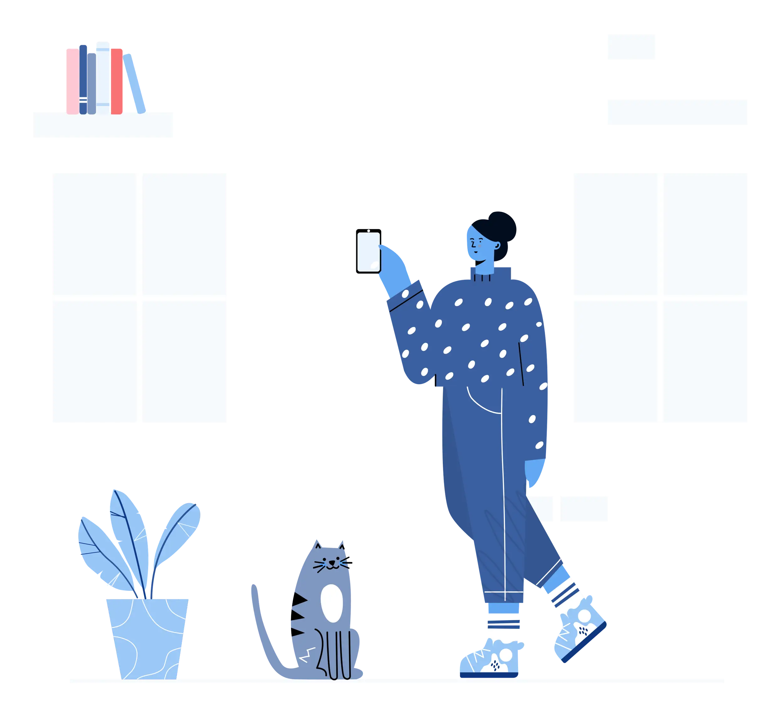 Minimalistic Blue Scene with a Person and Cat