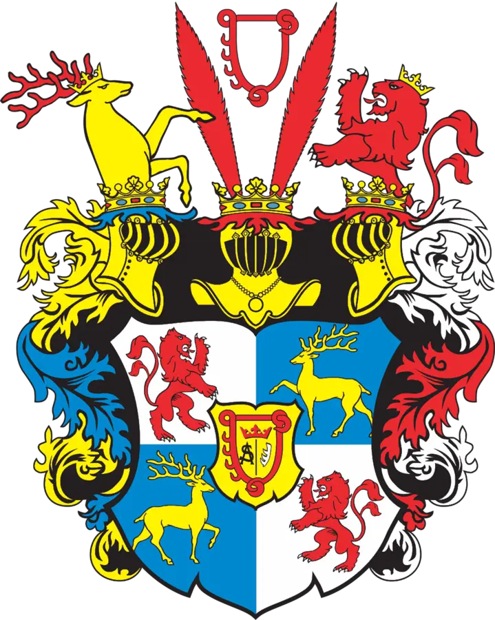 Colorful Heraldic Crest with Lions and Deer