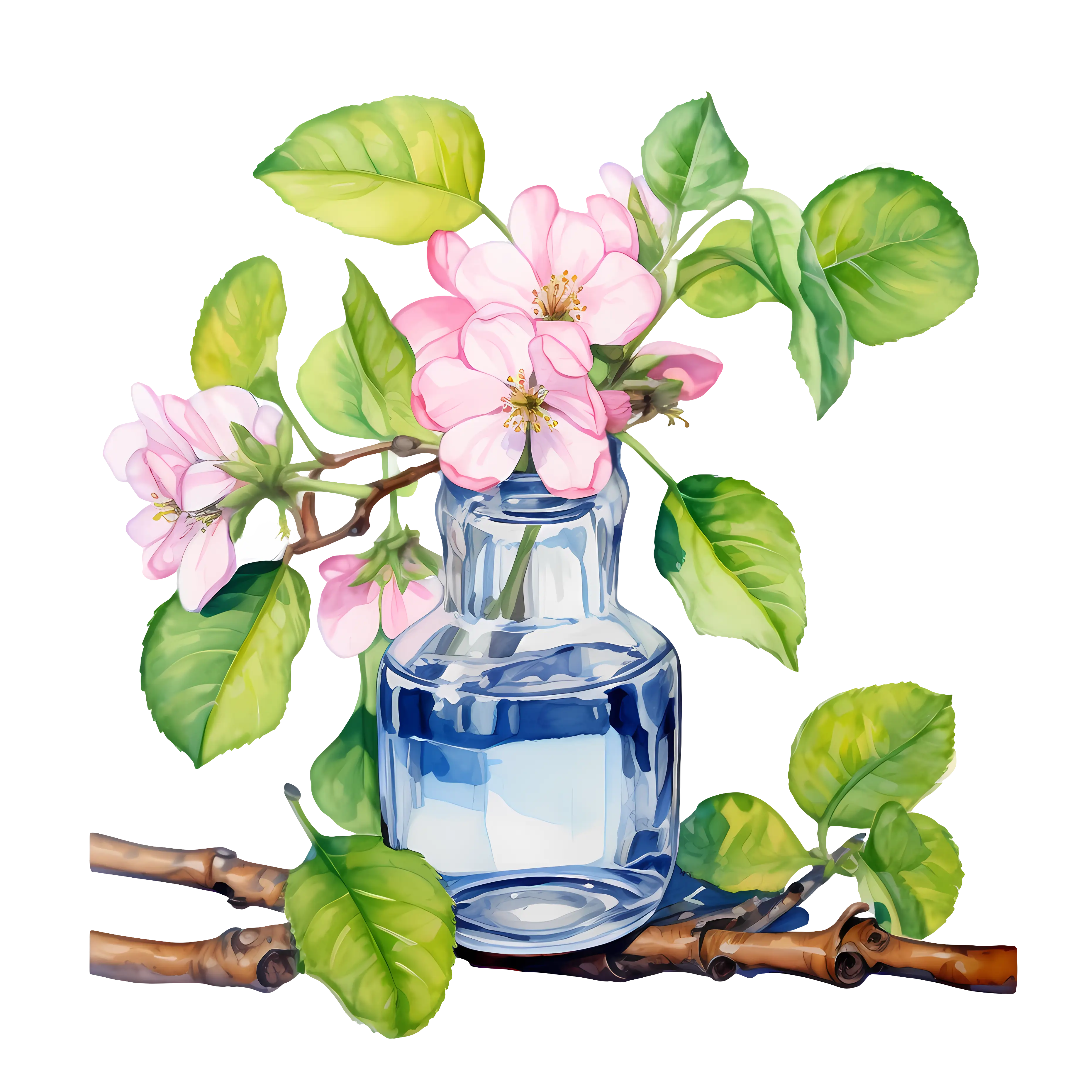 Glass Bottle with Pink Blossoms and Leaves