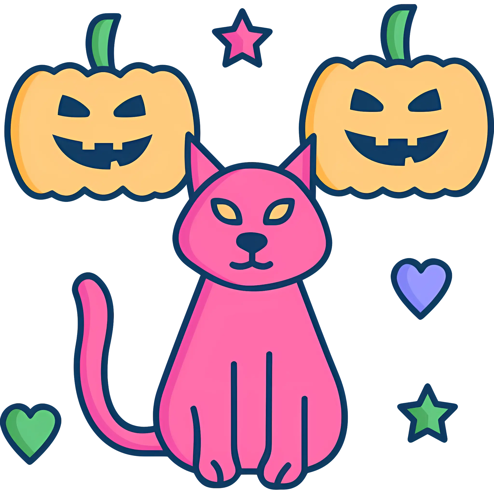 Pink Cat with Pumpkins and Hearts for Halloween