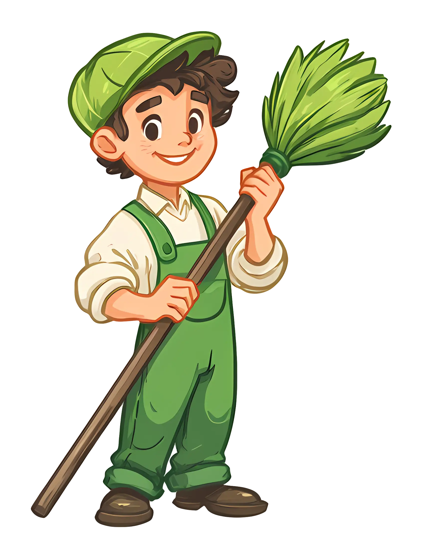 Cartoon Boy with Green Broom