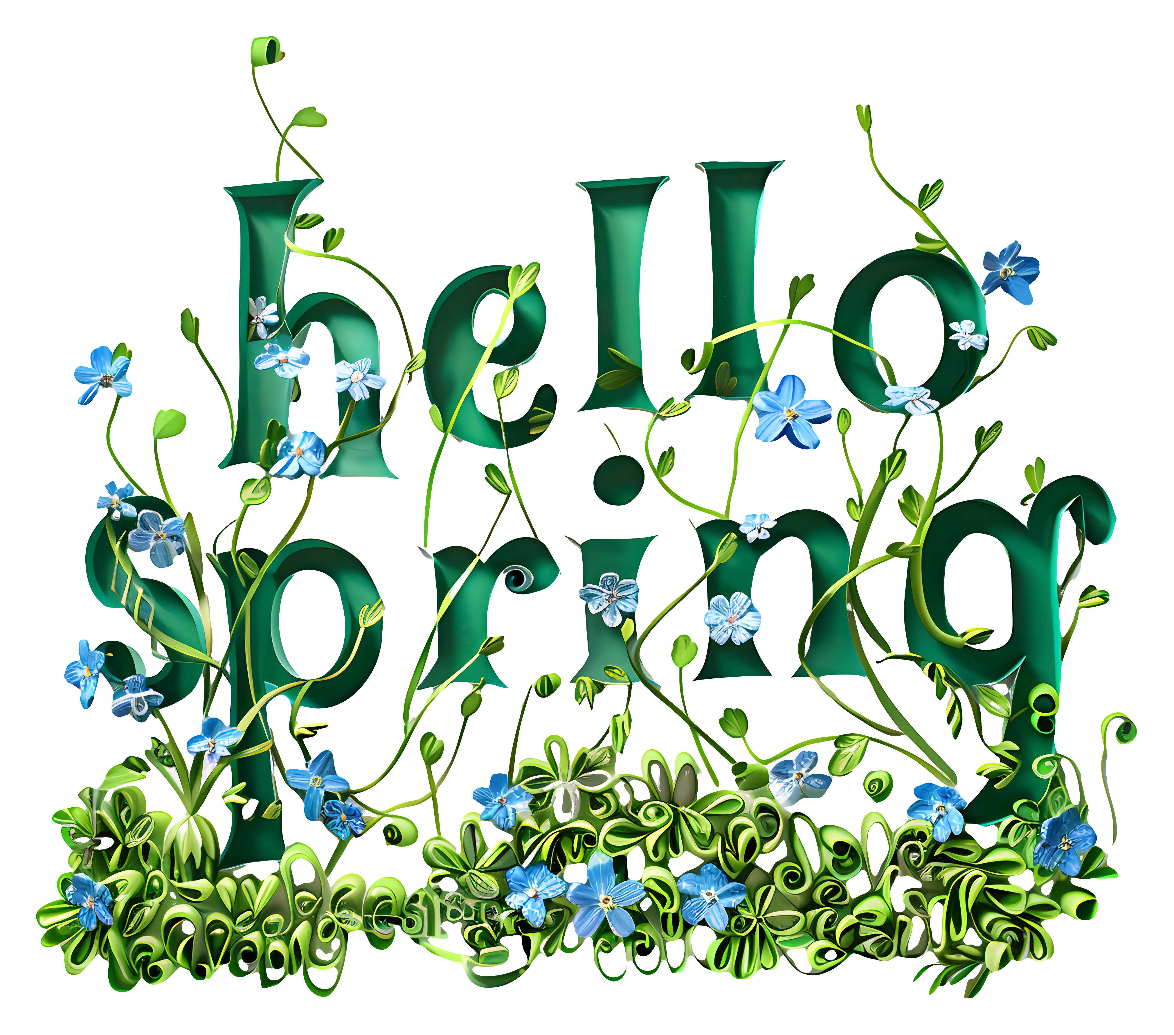 Green Flowers Hello Spring Text