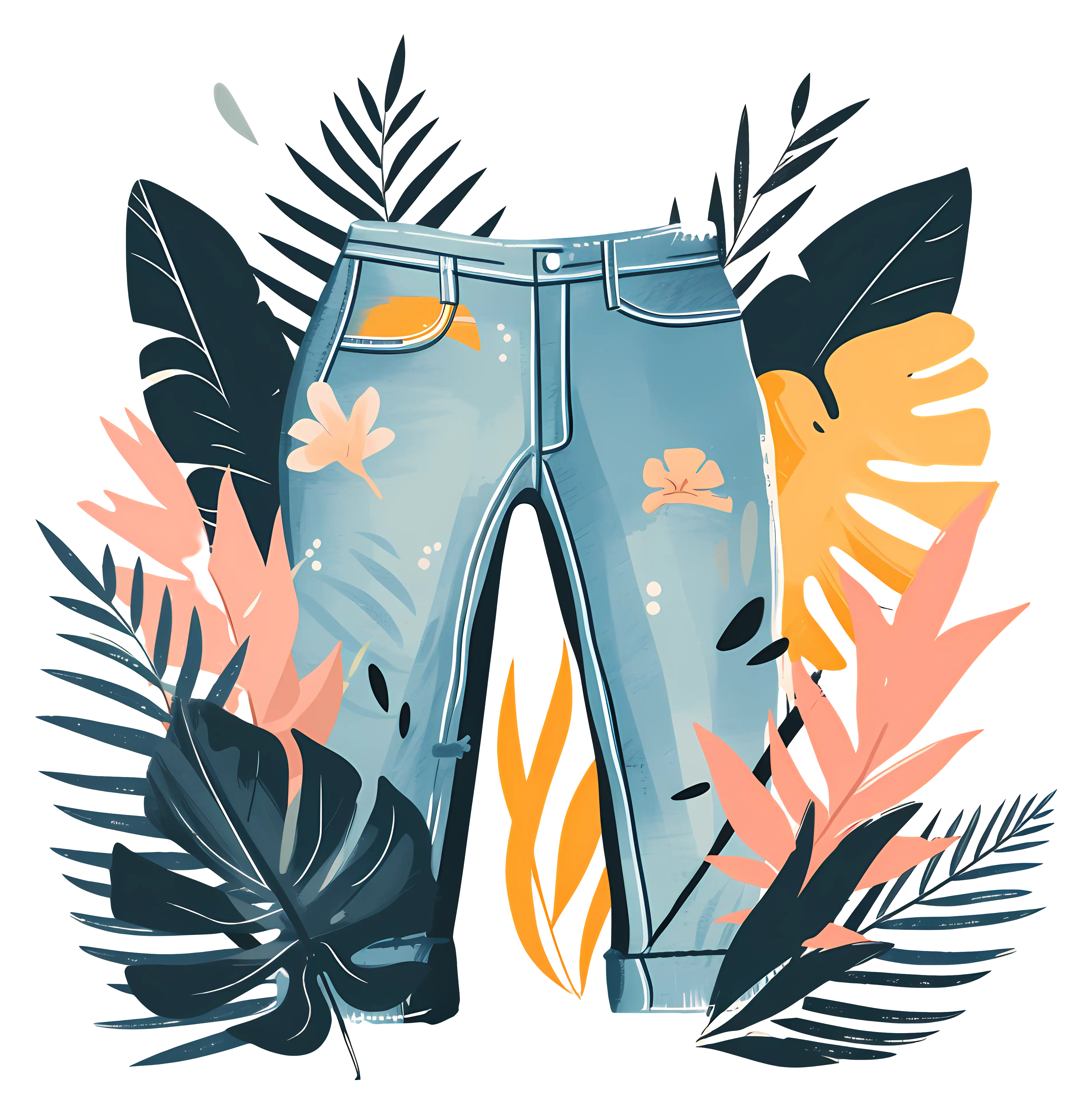 Blue Jeans with Tropical Leaves Illustration