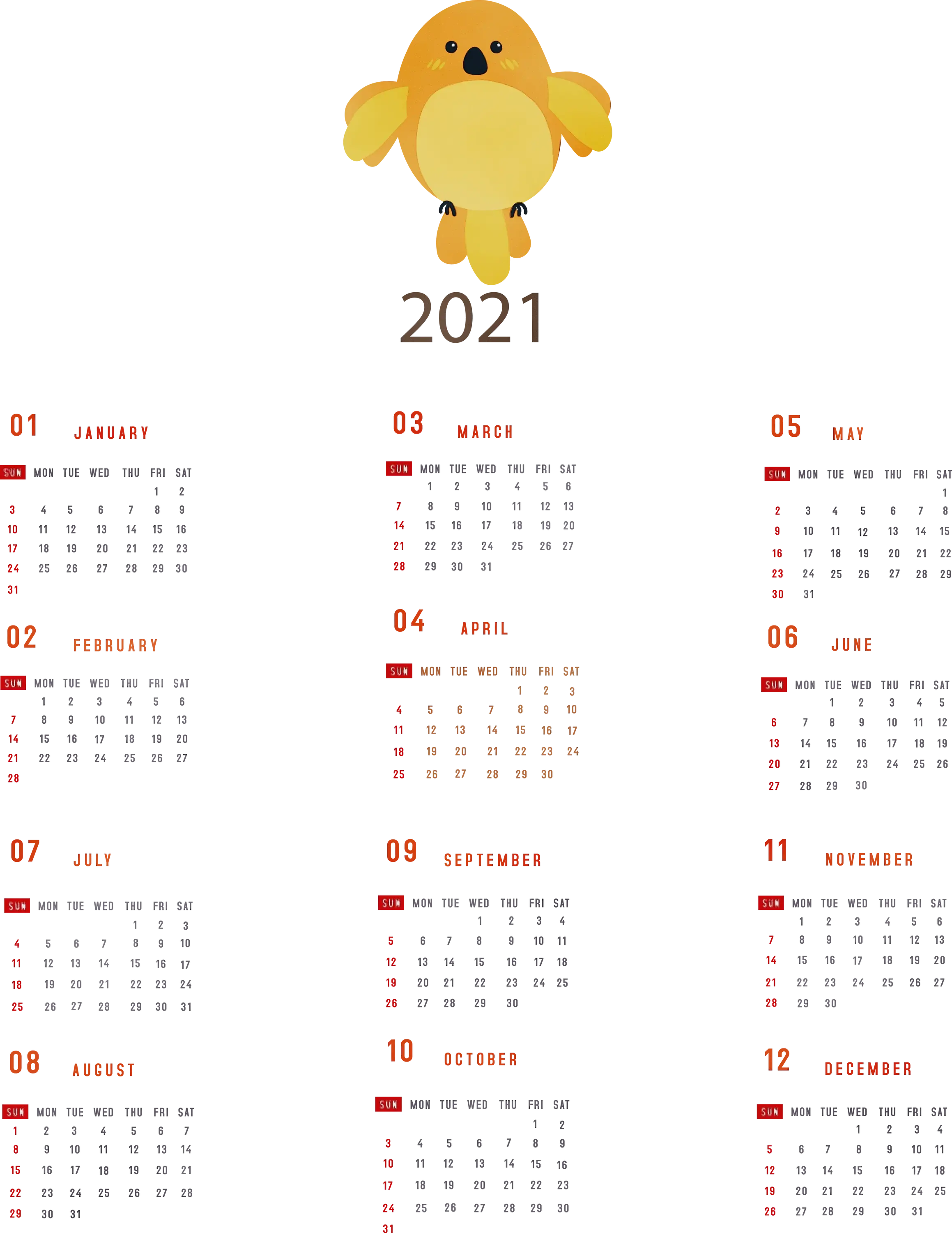 2021 Calendar with Cute Yellow Chick Illustration