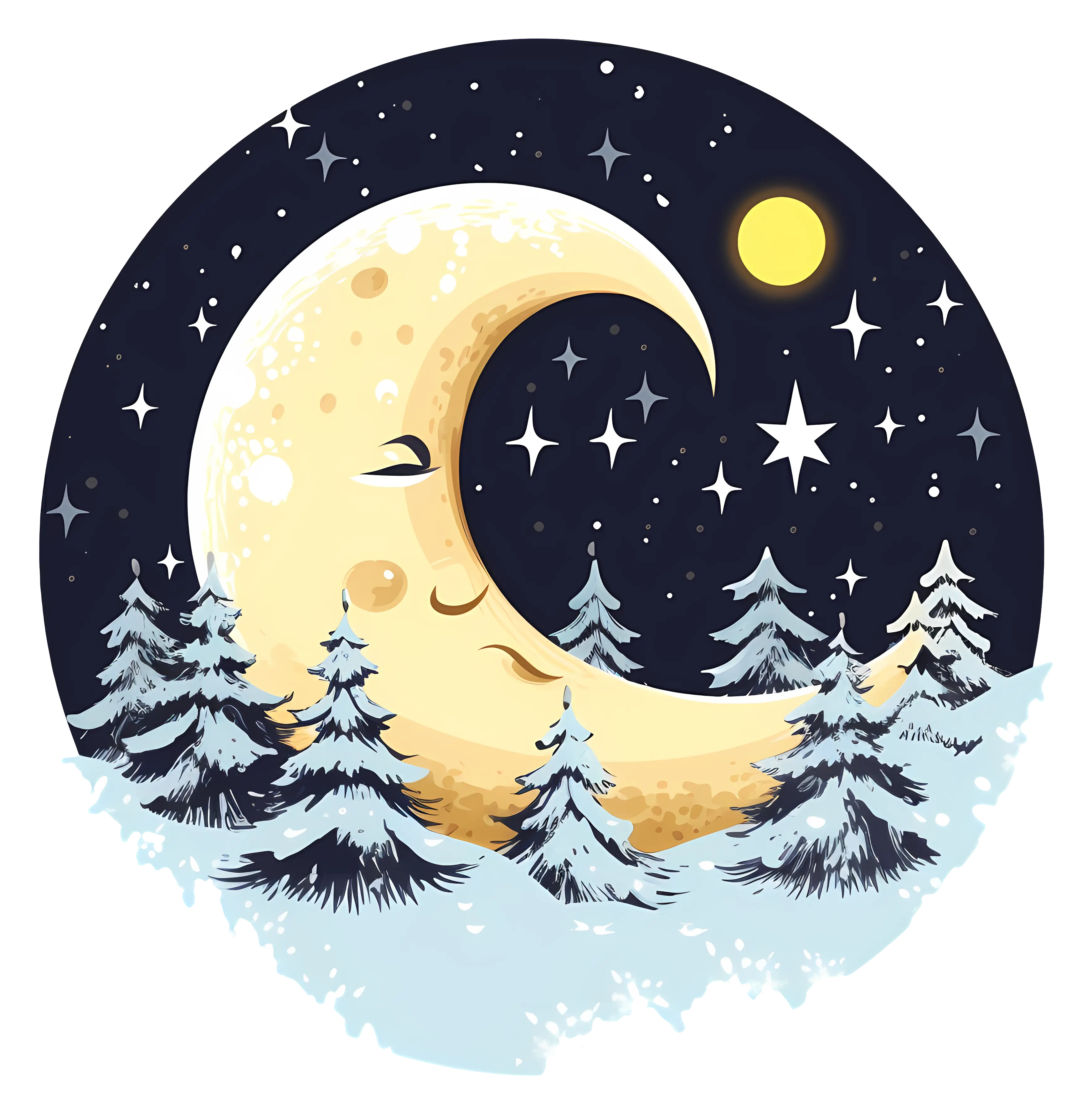 Crescent Moon with Winter Forest Illustration