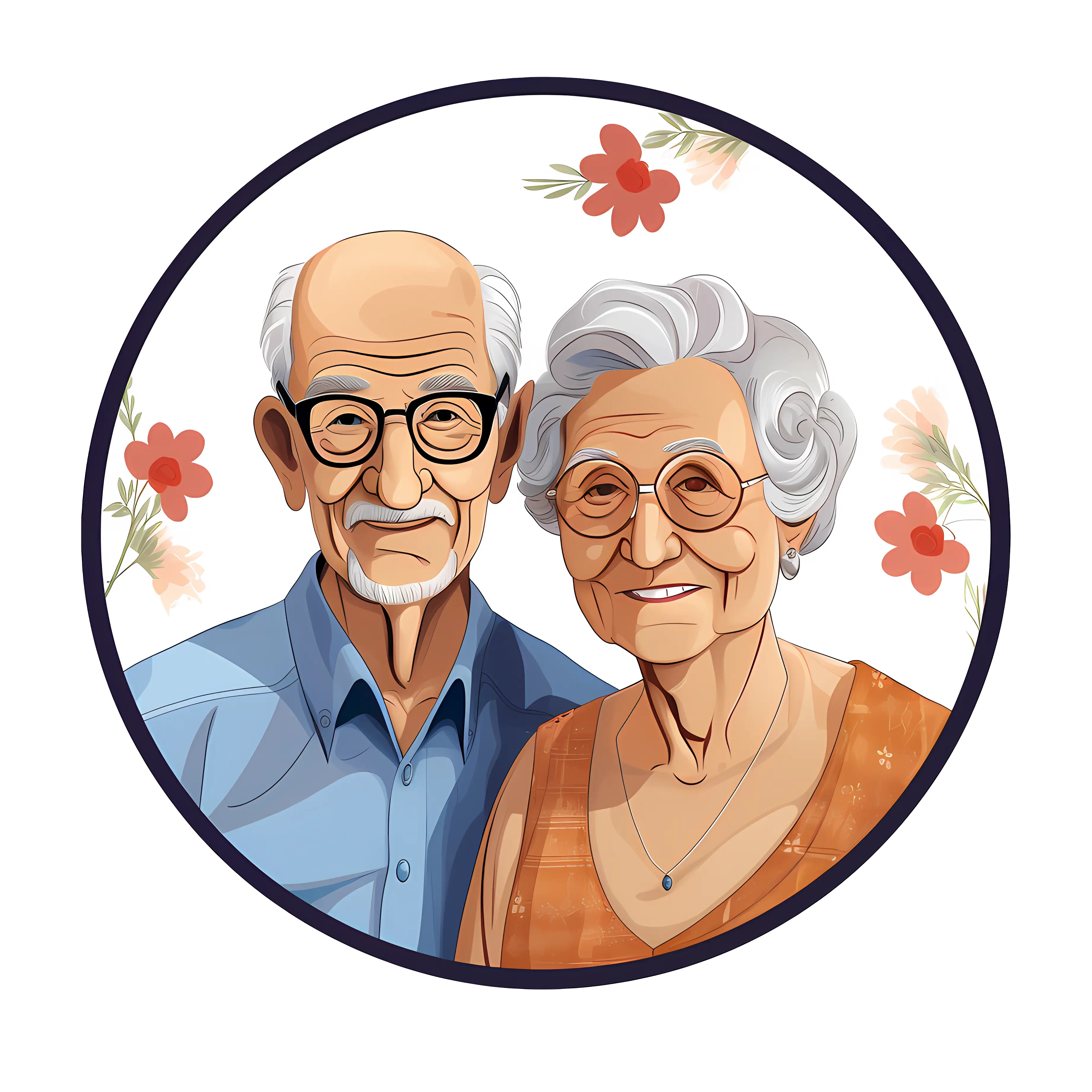 Happy Elderly Couple Illustration with Floral Background