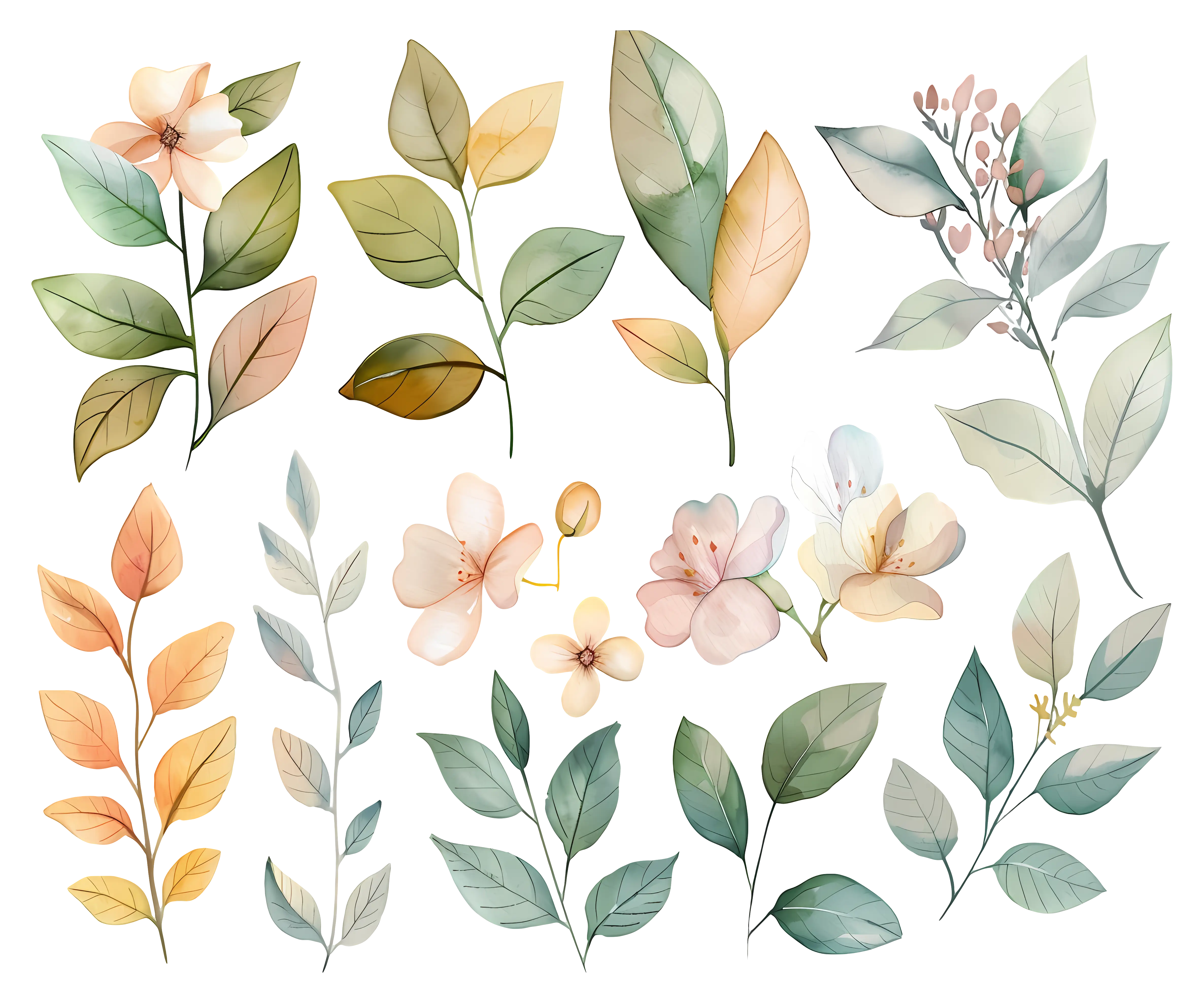 Botanical Leaves and Flowers in Pastel Tones