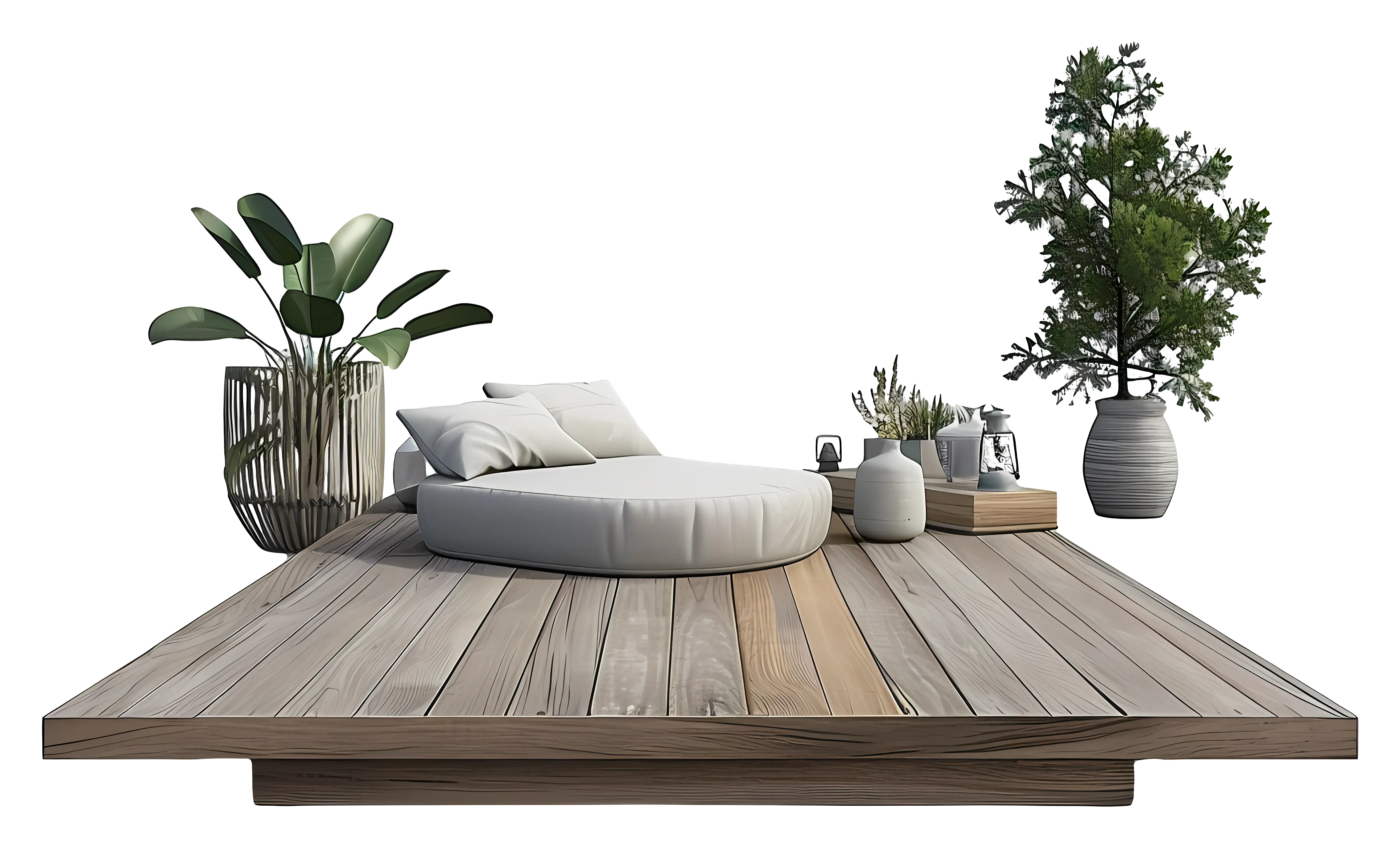 Wooden Platform with Cushions and Plants