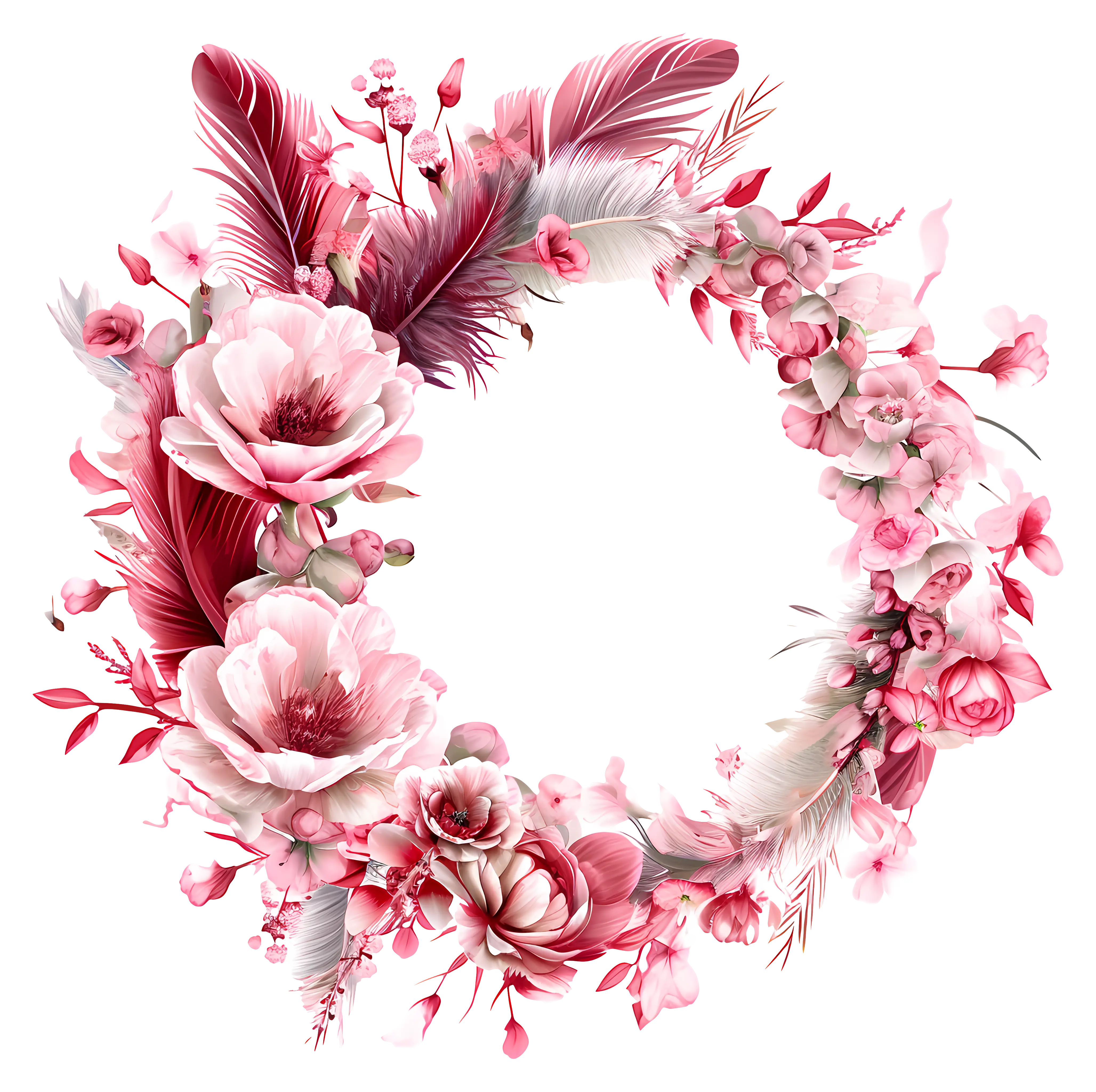 Floral Wreath with Pink Flowers and Feathers
