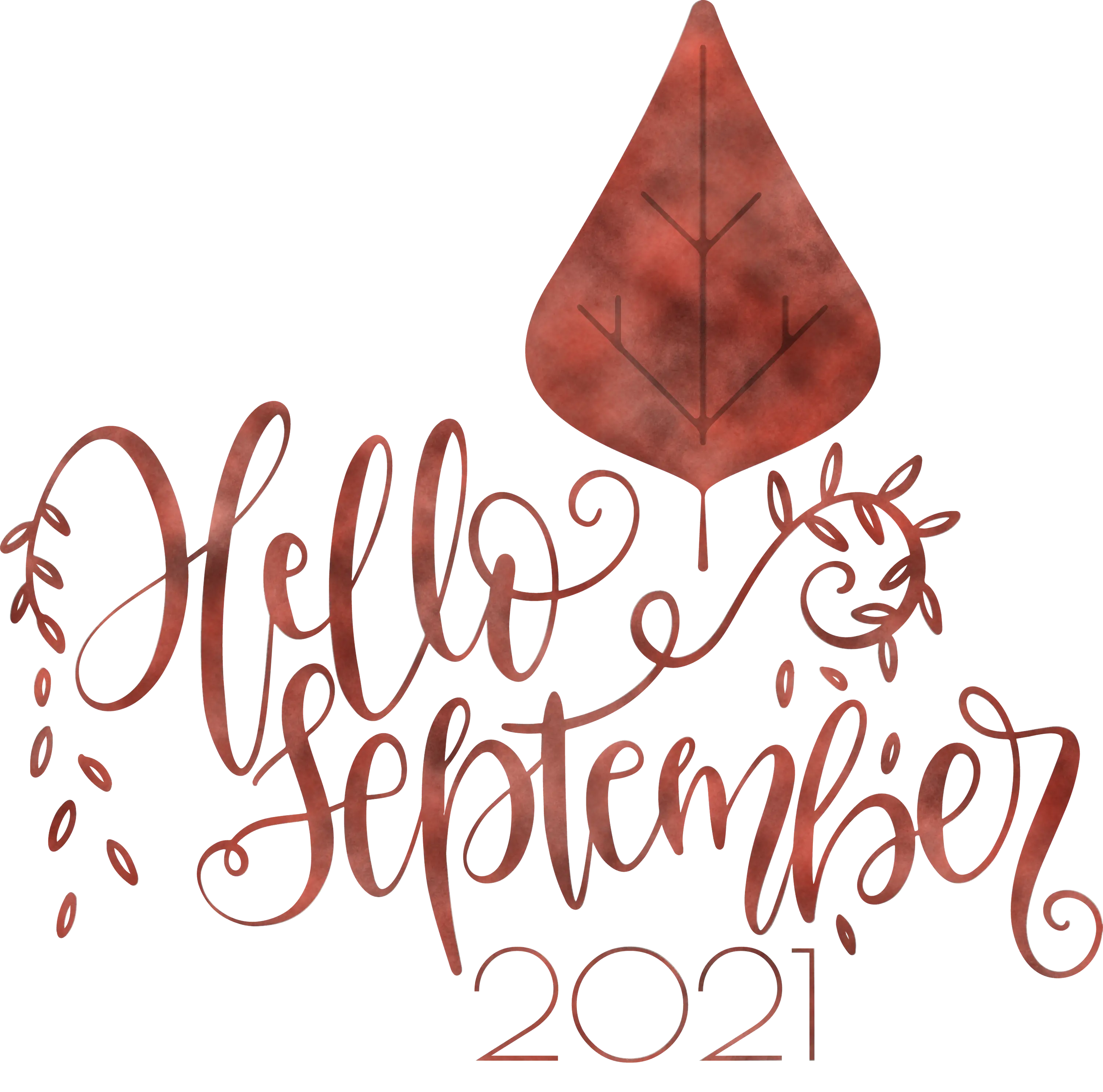 Hello September Text with Autumn Leaf Design