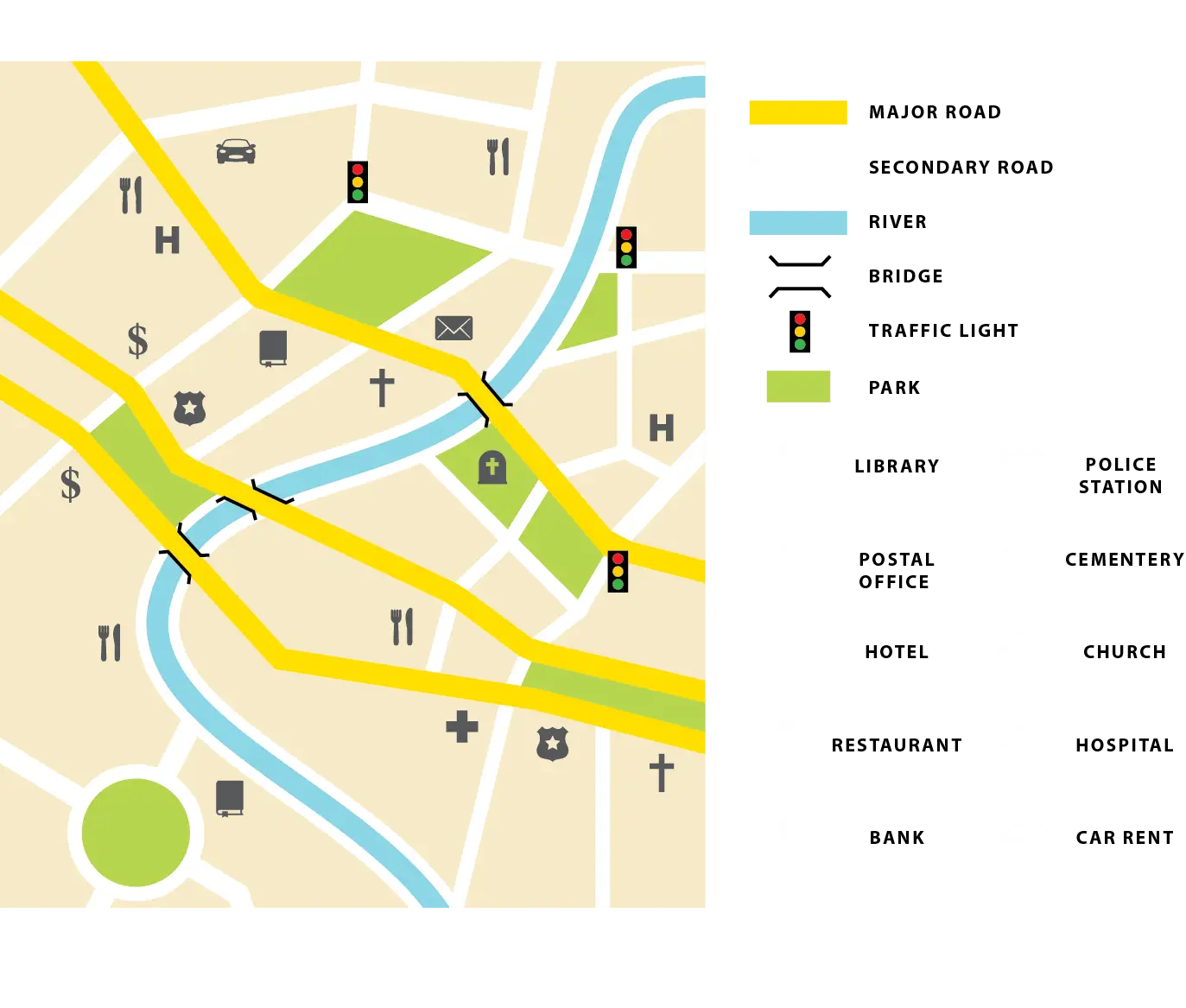 City Map with Roads and Landmarks