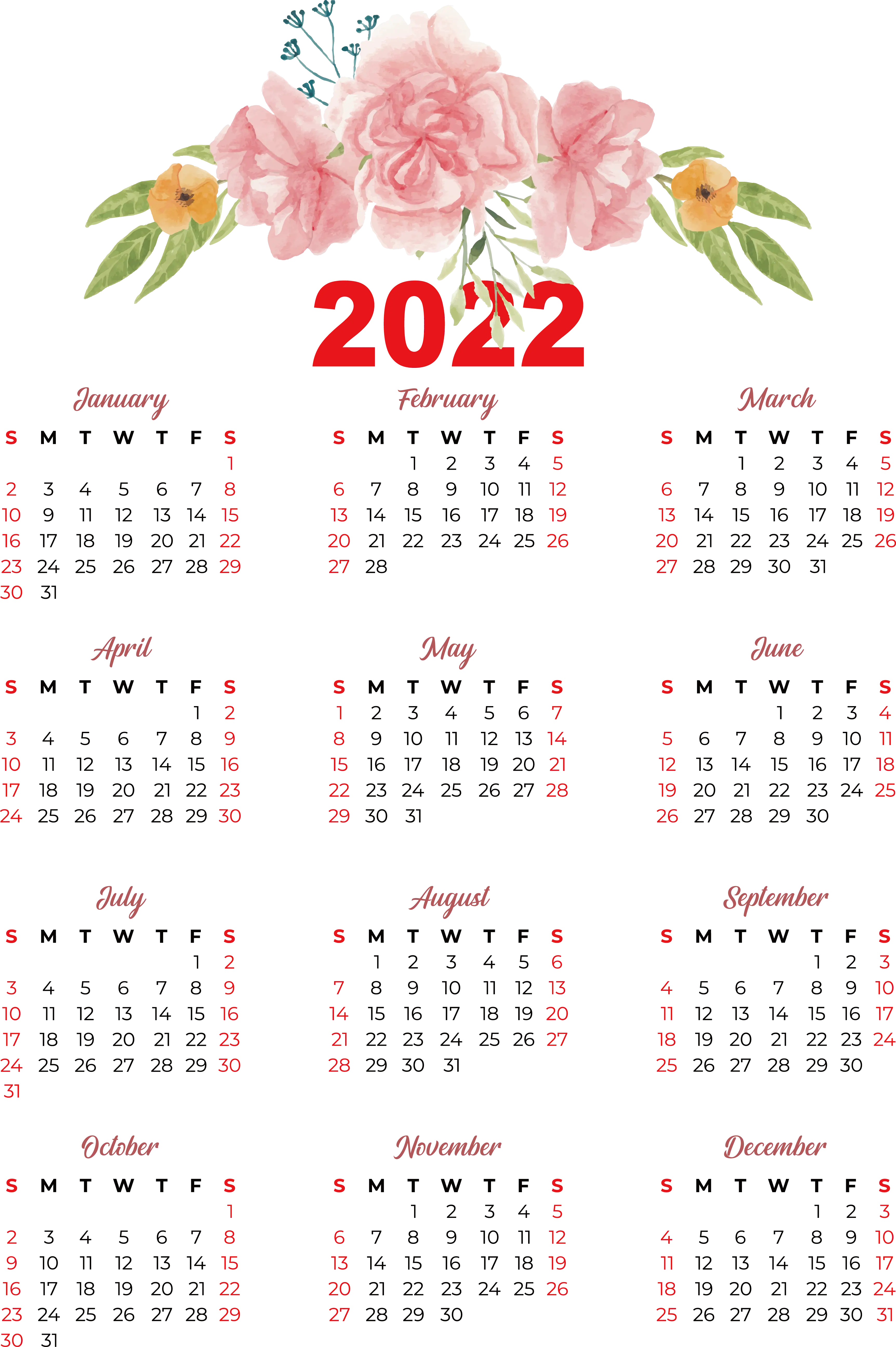 2022 Yearly Calendar with Floral Theme
