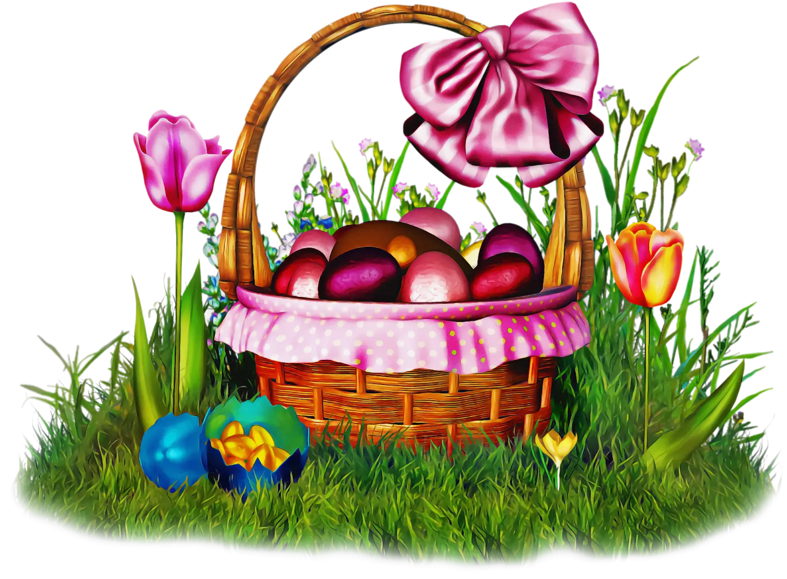 Easter Basket with Colorful Eggs and Flowers
