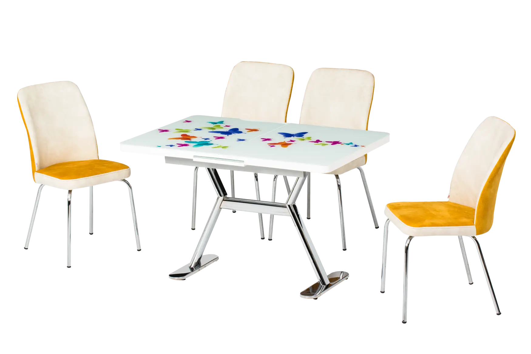Modern Dining Table with Yellow and White Chairs
