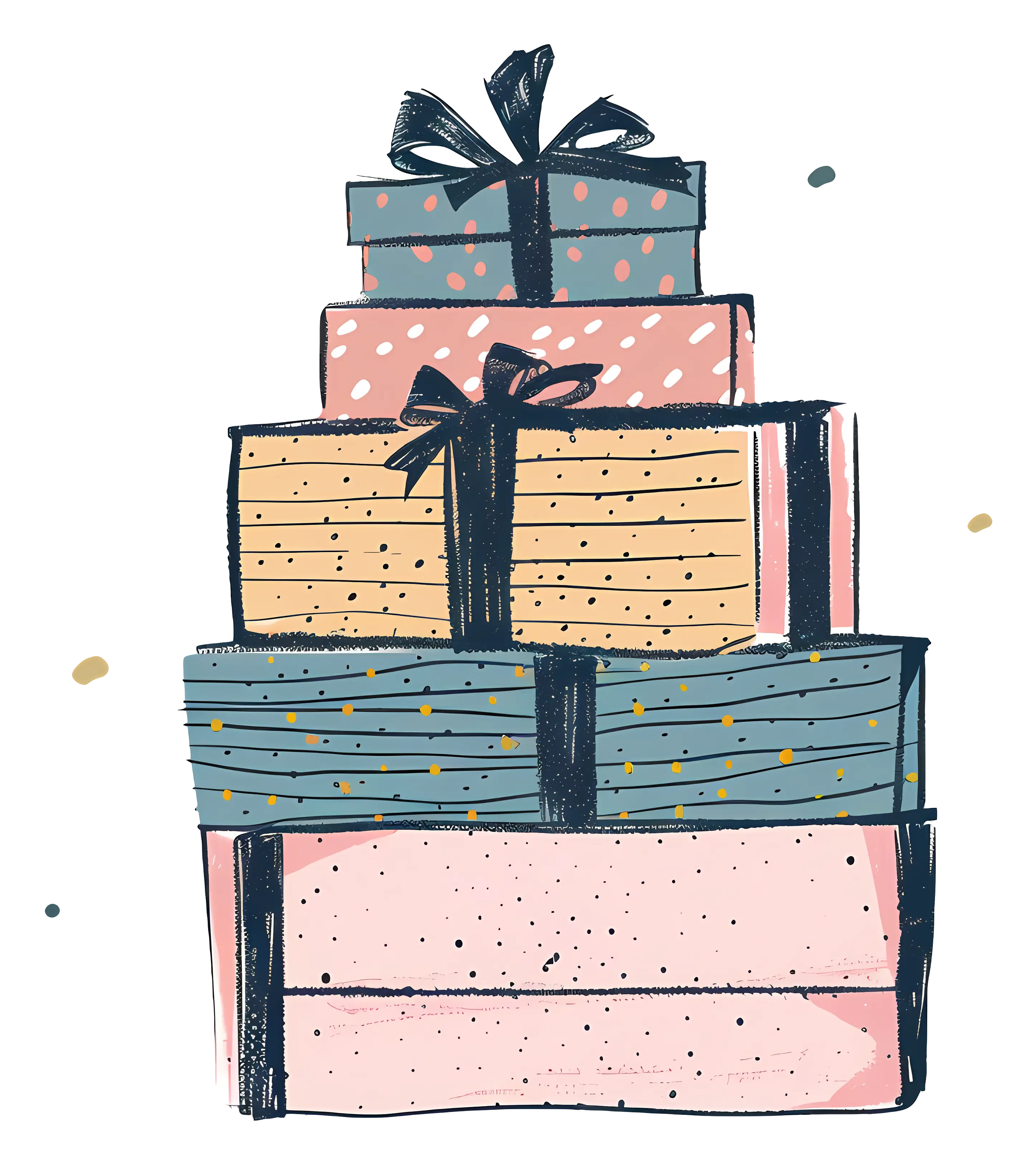 Stacked Gift Boxes with Ribbons and Patterns