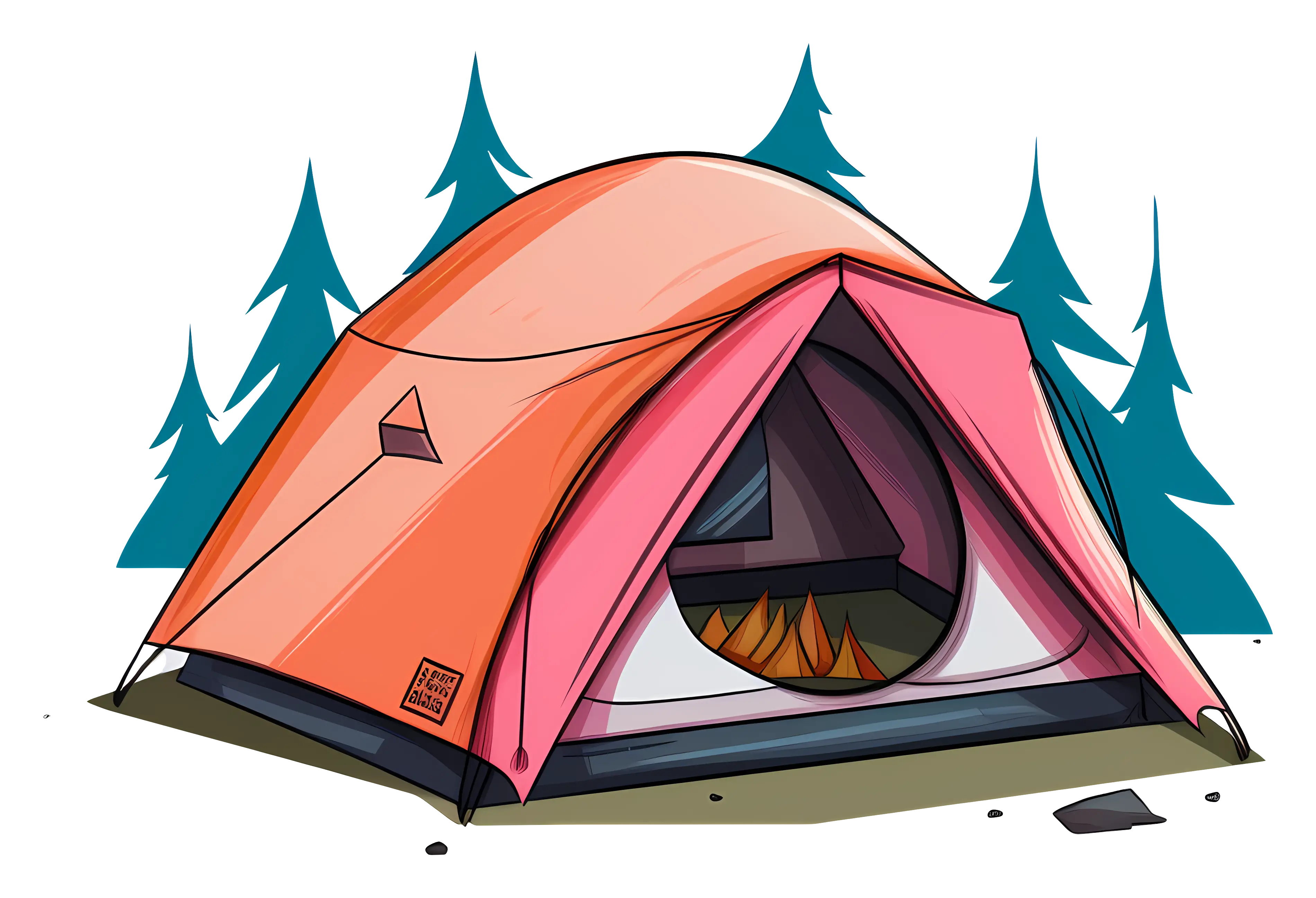 Orange Camping Tent with Campfire Scene