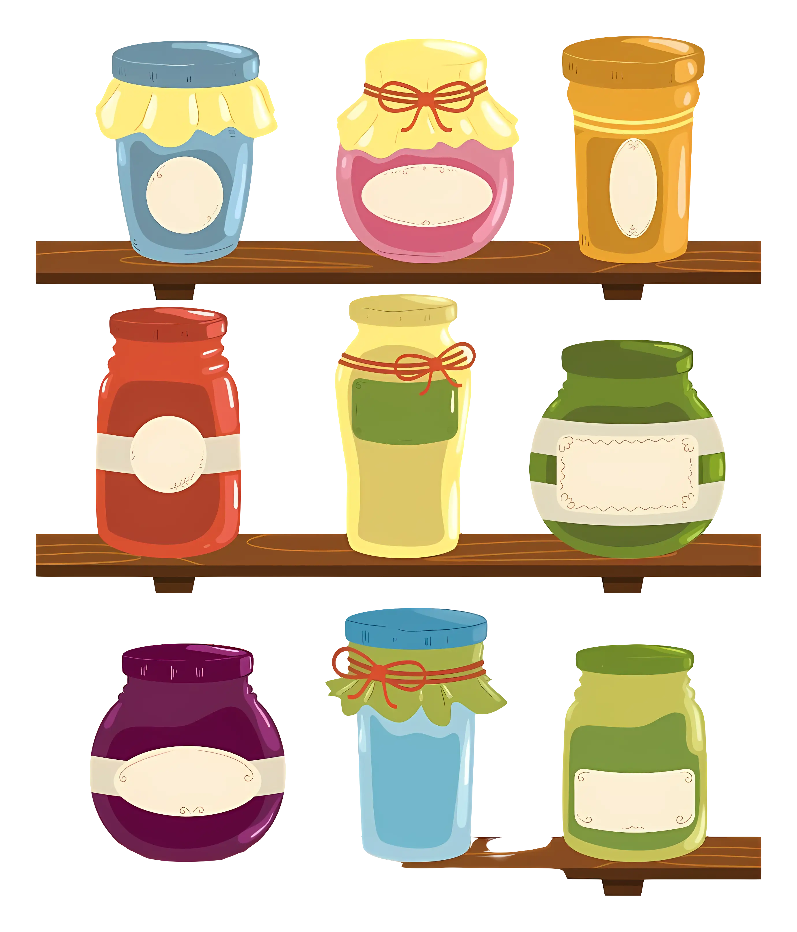 Colorful Jars on Wooden Shelves