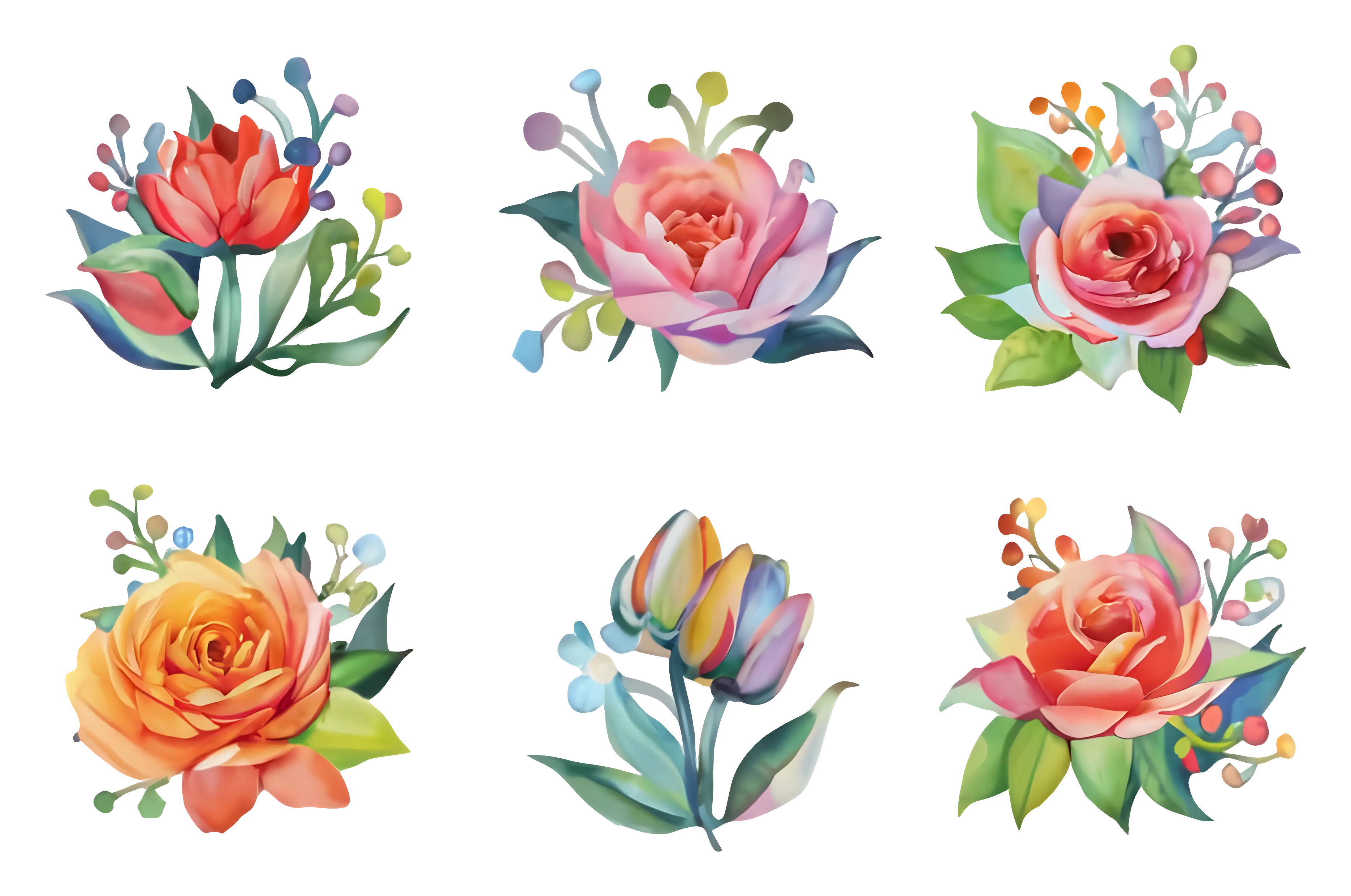 Watercolor Floral Bouquets with Vibrant Colors