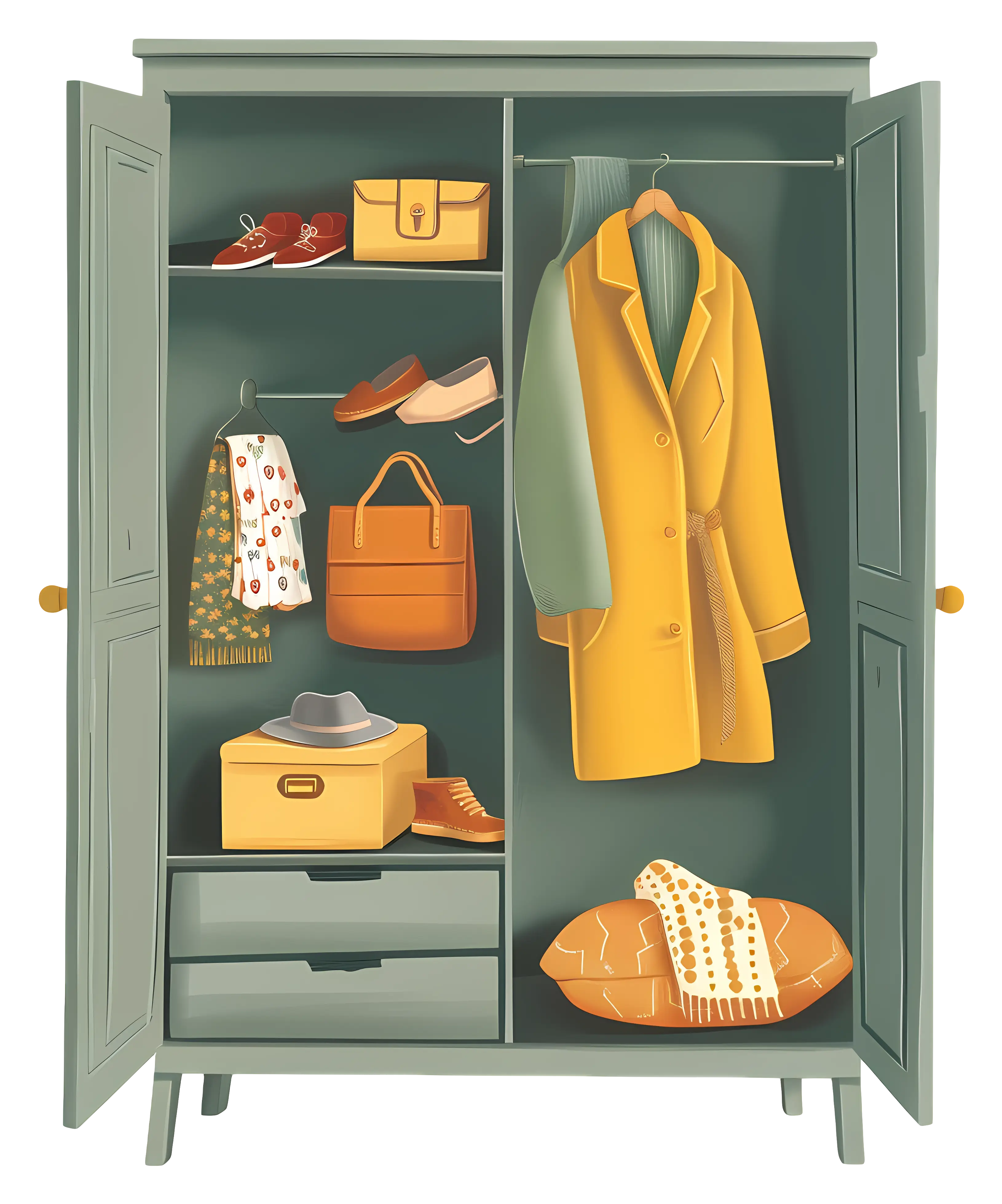 Organized Wardrobe with Clothes and Accessories