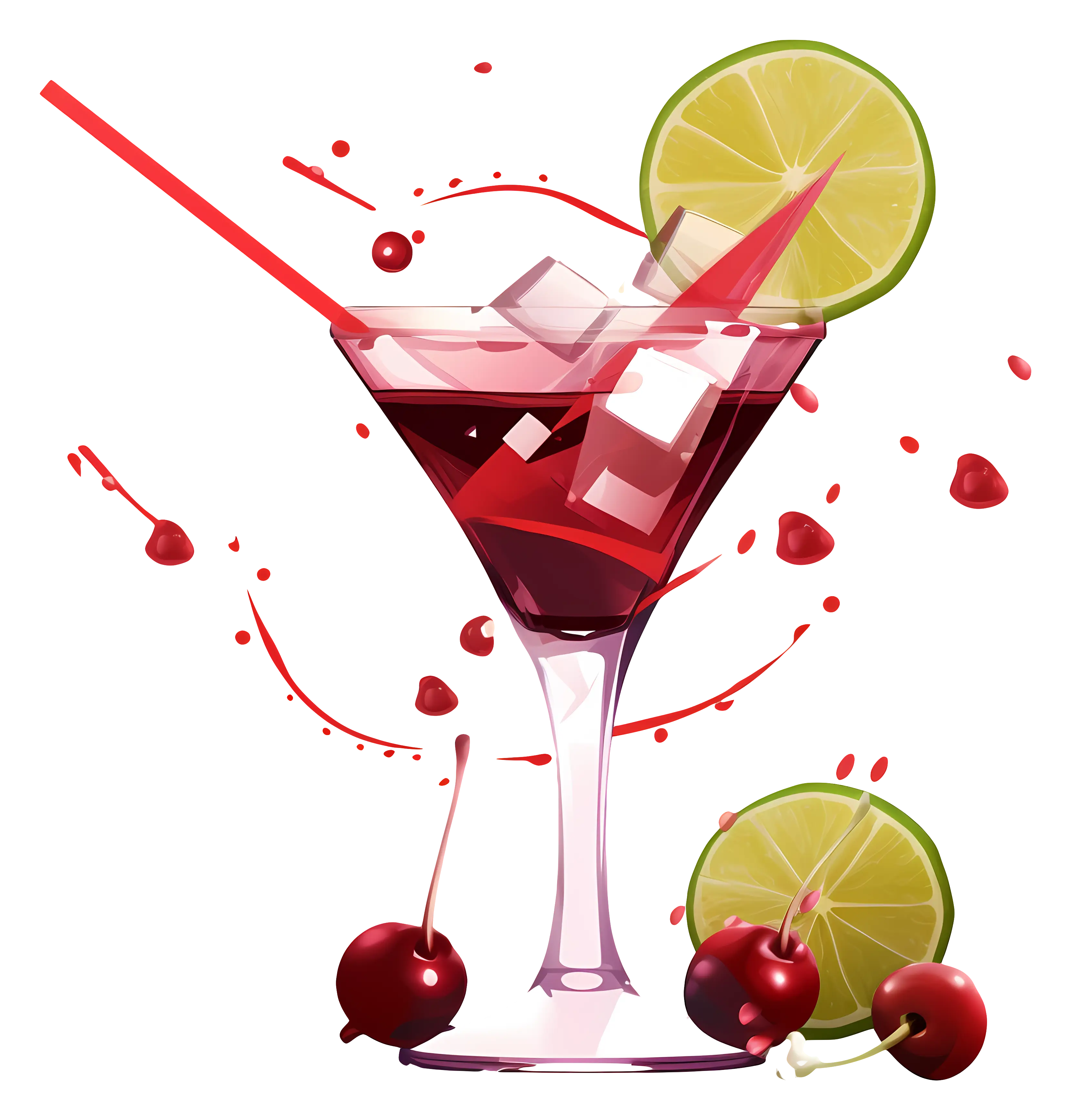 Red Cocktail with Lime and Cherry Garnish