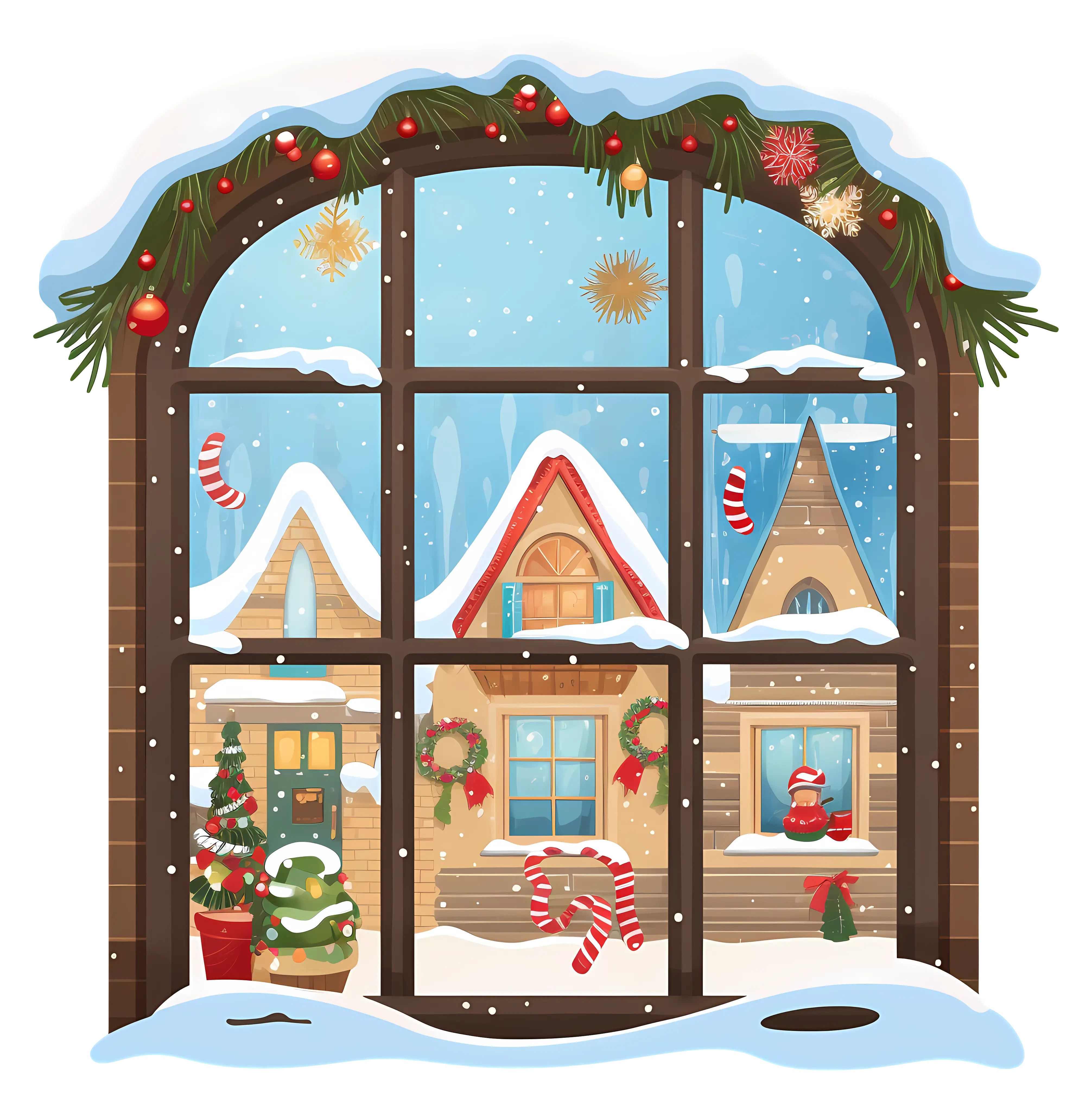 Christmas Window Scene with Snowy Village