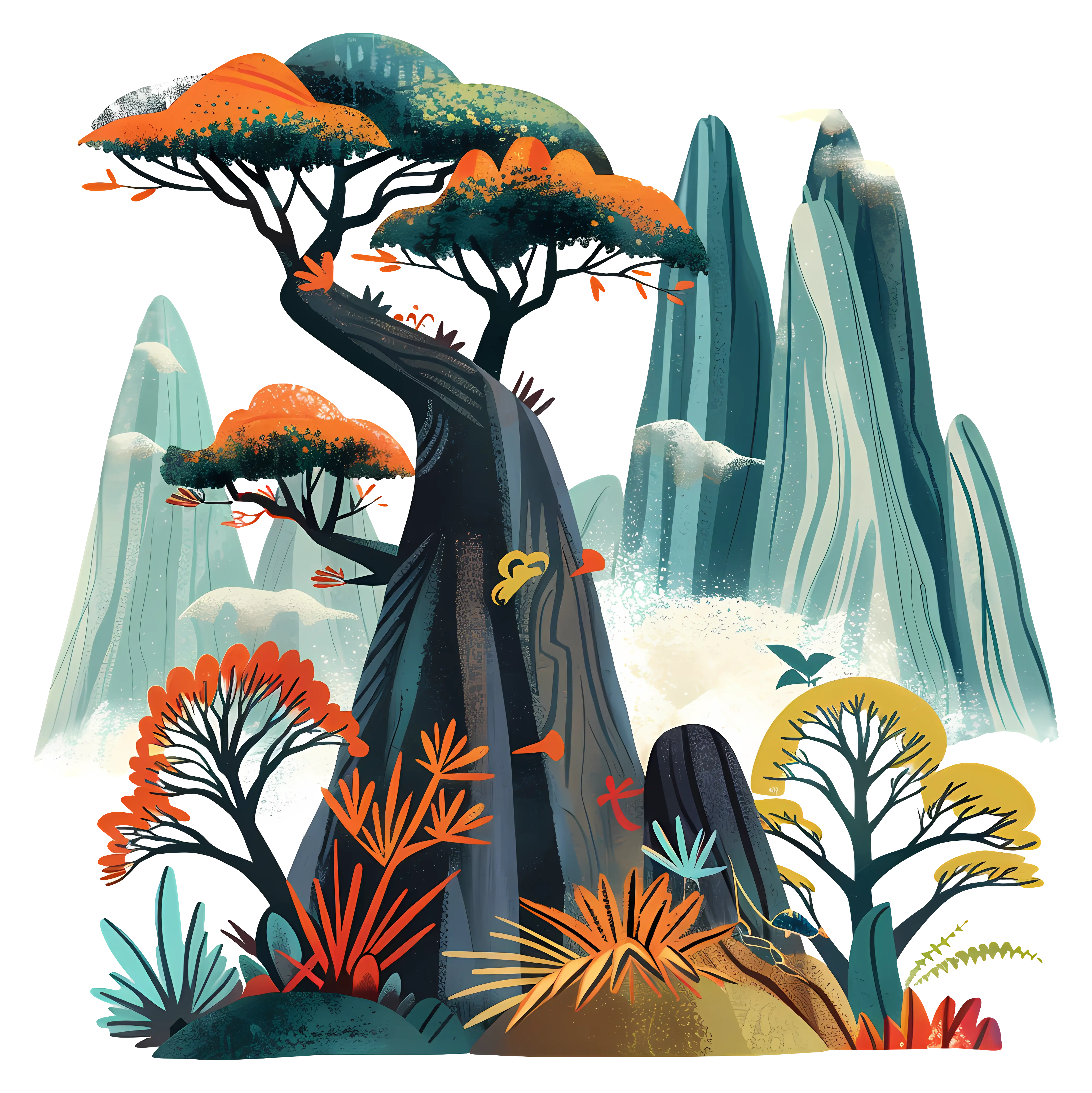 Fantasy Mountain Landscape with Green Peaks