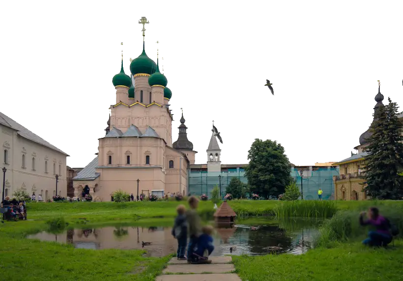 Church with Pond and People