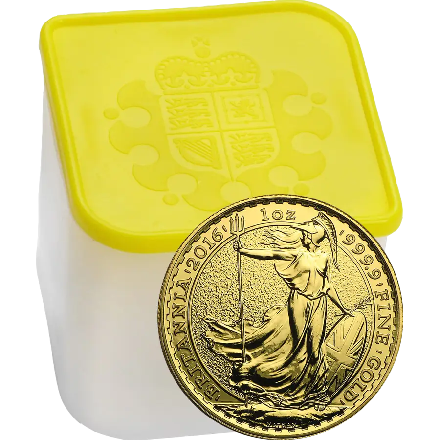 Gold Britannia Coin with Yellow Container