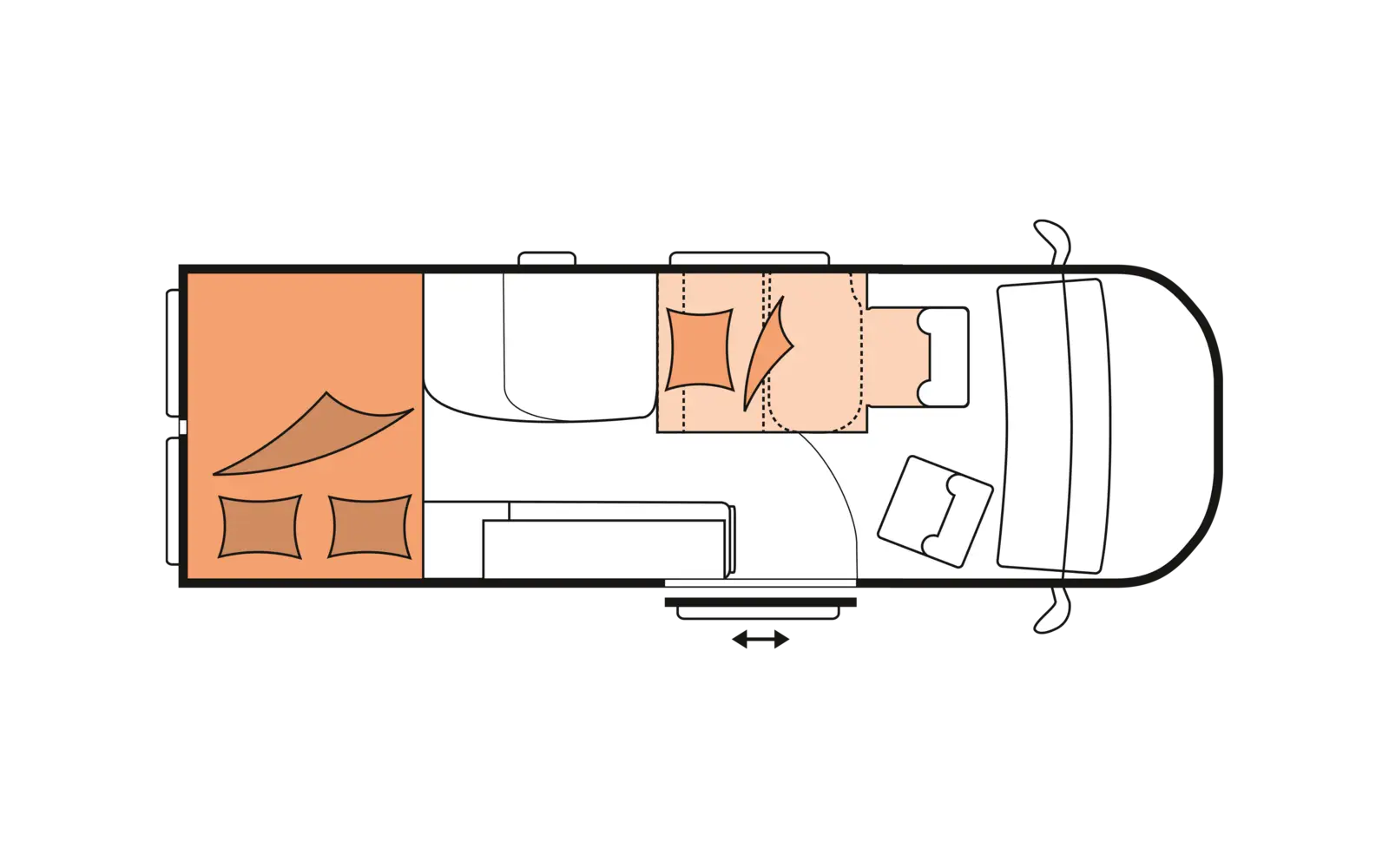 Vehicle Interior Floor Plan with Beds and Space Arrangement