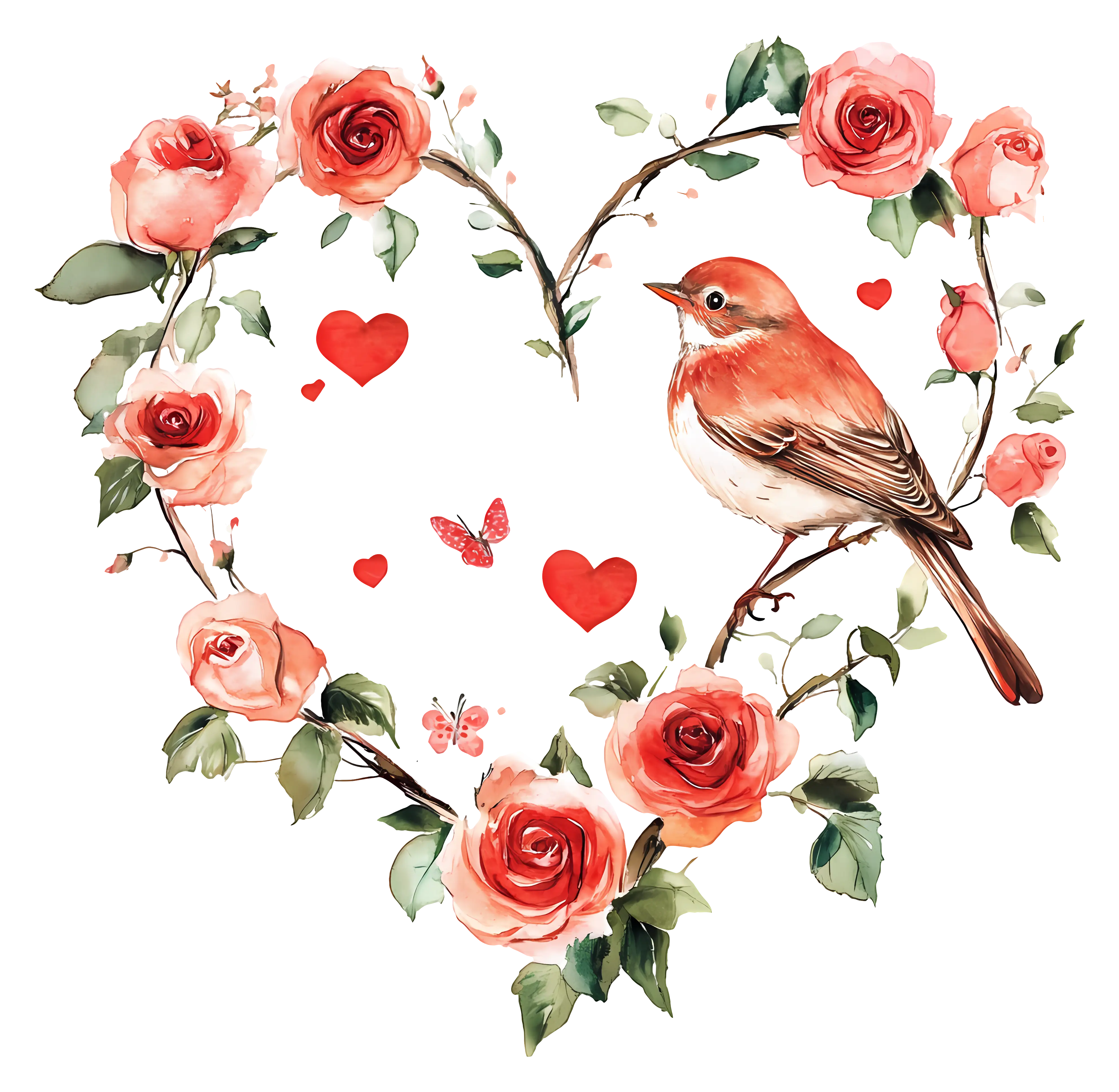 Bird and Roses in Heart Shape