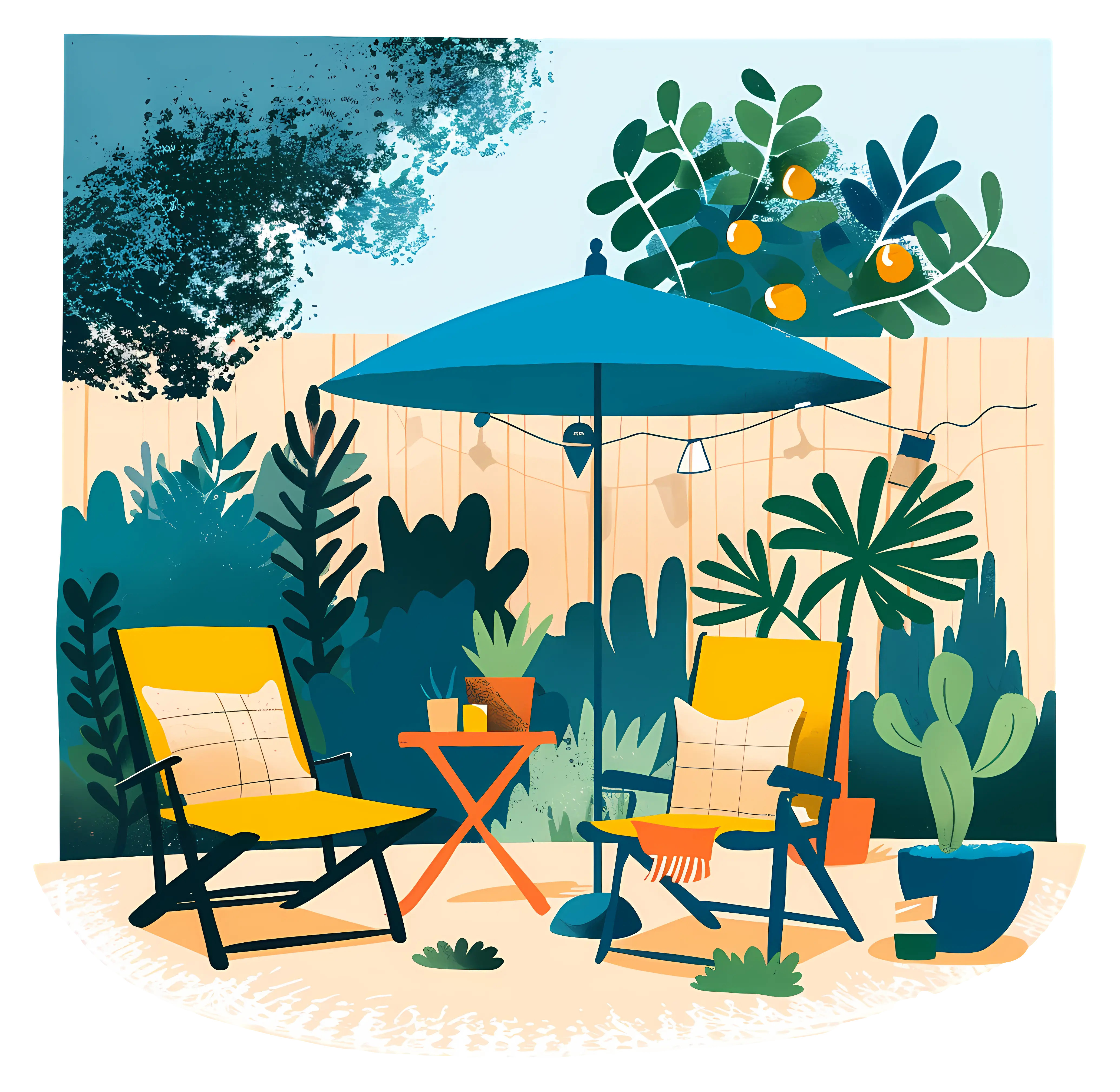 Colorful Garden Scene with Chairs and Umbrella