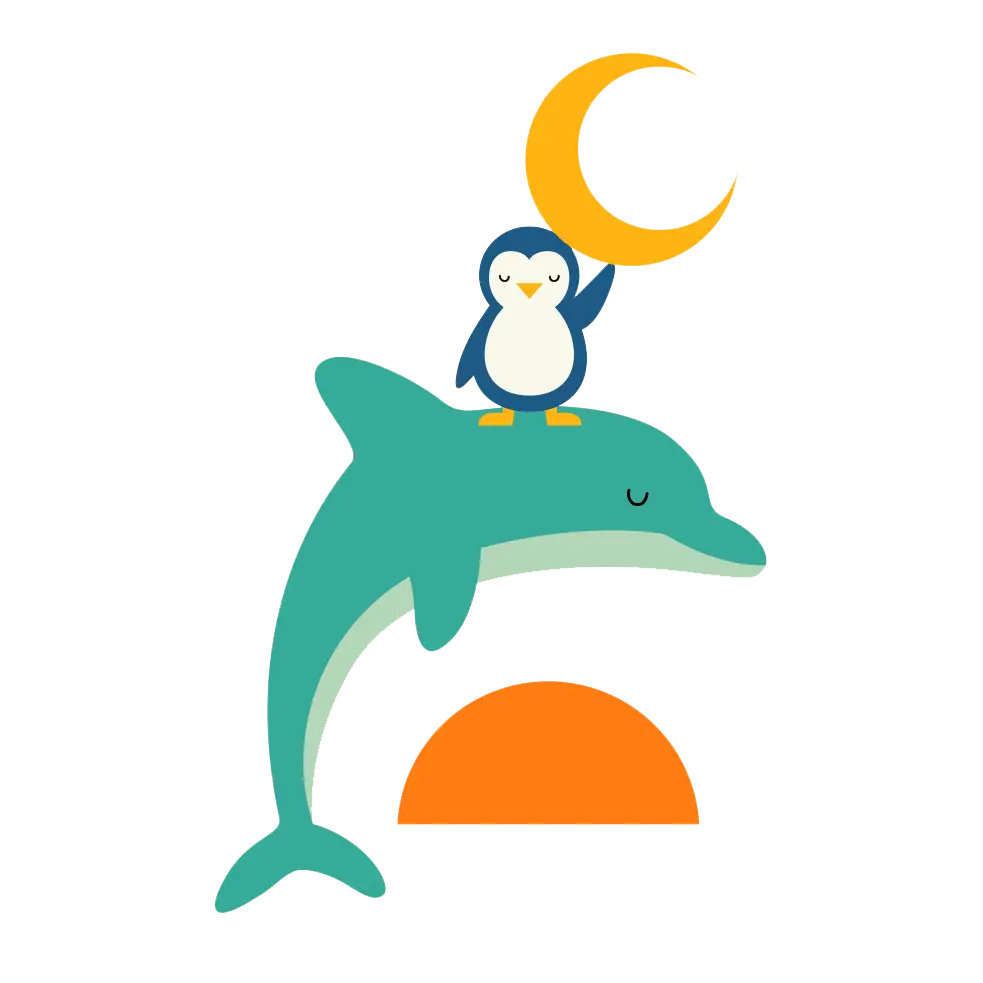Cute Penguin and Dolphin with Moon and Sunset