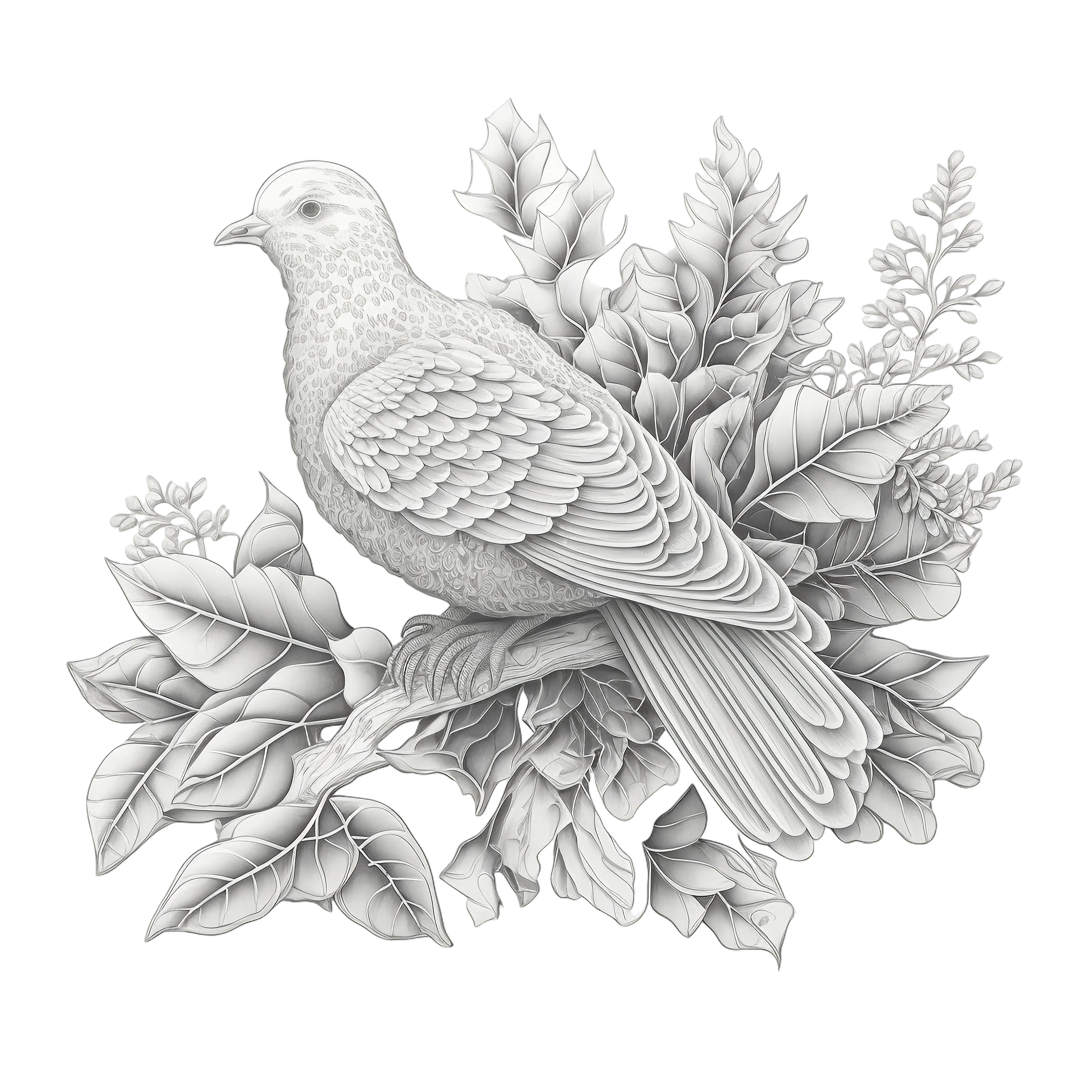 Elegant Monochrome Bird on a Leafy Branch