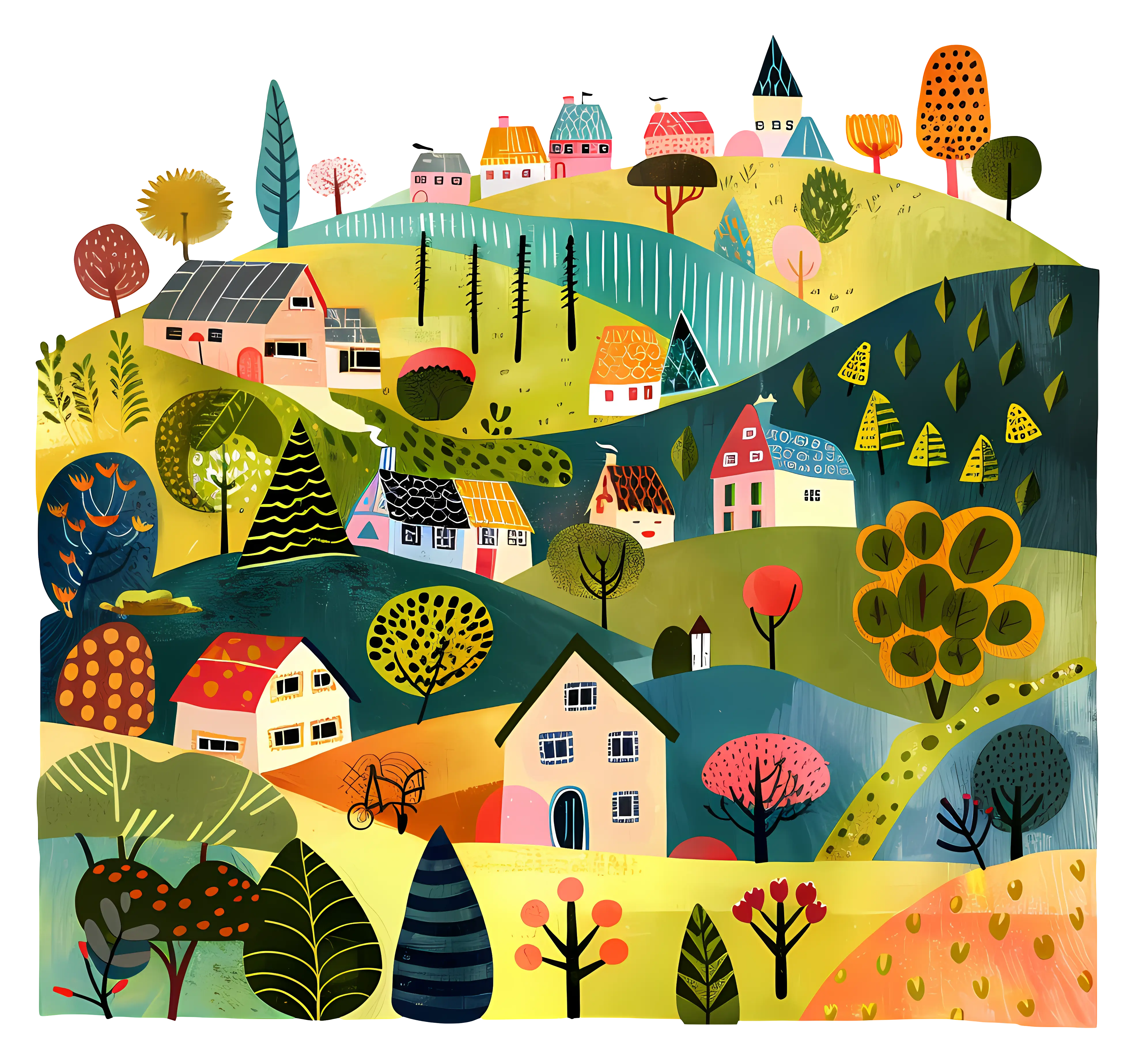 Colorful Rural Village Landscape Illustration