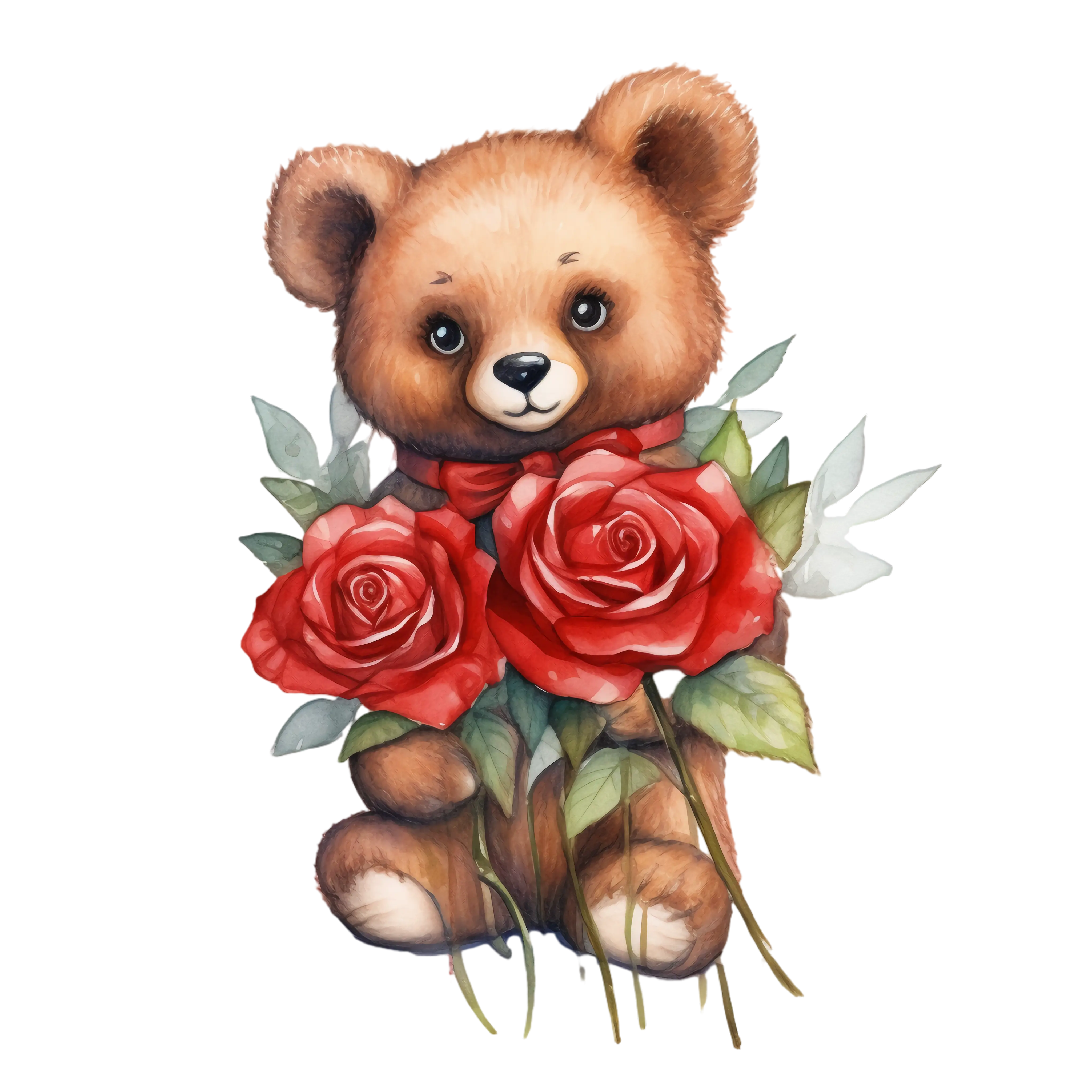 Cute Teddy Bear Holding Red Roses