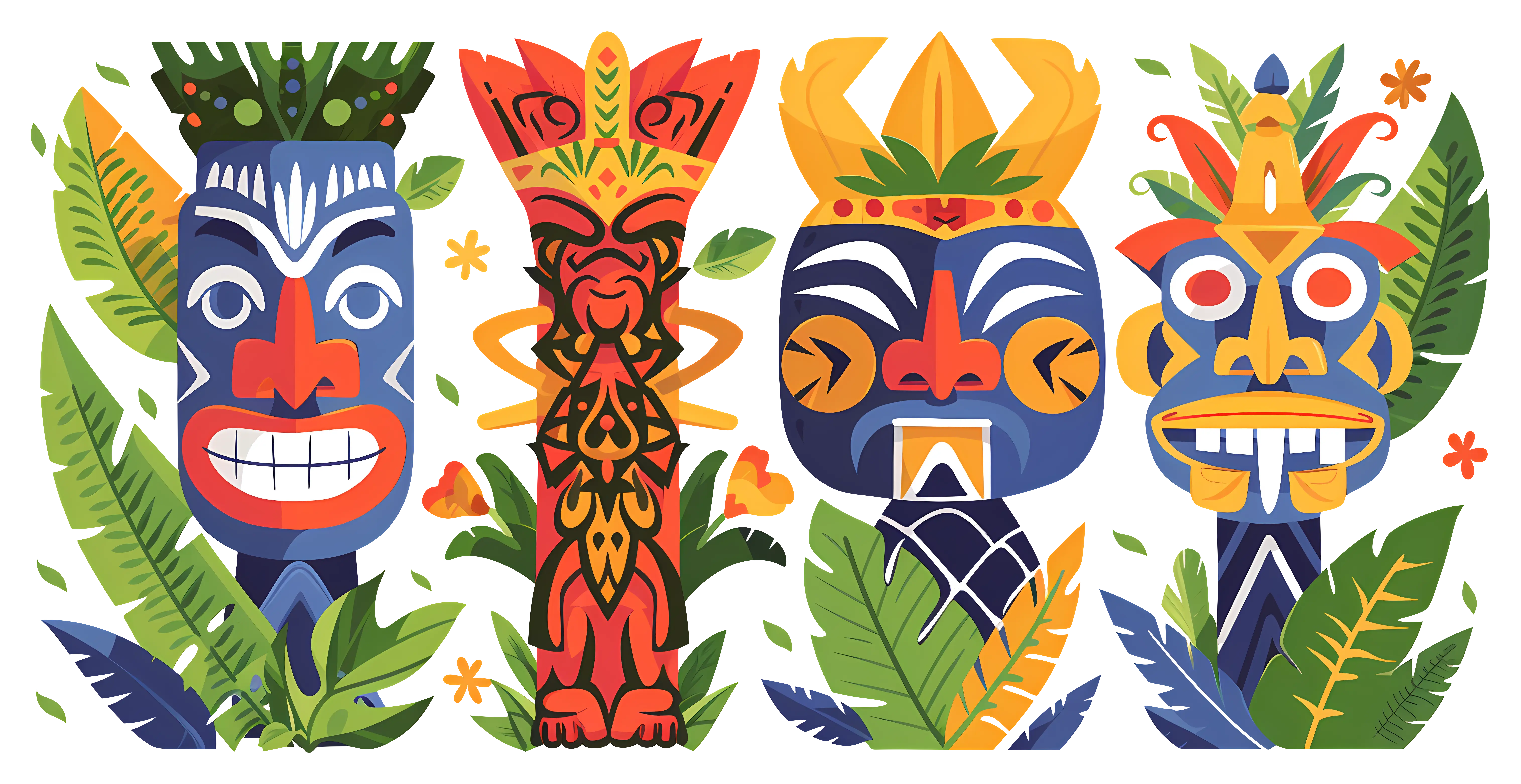 Vibrant Tiki Masks with Tropical Leaves