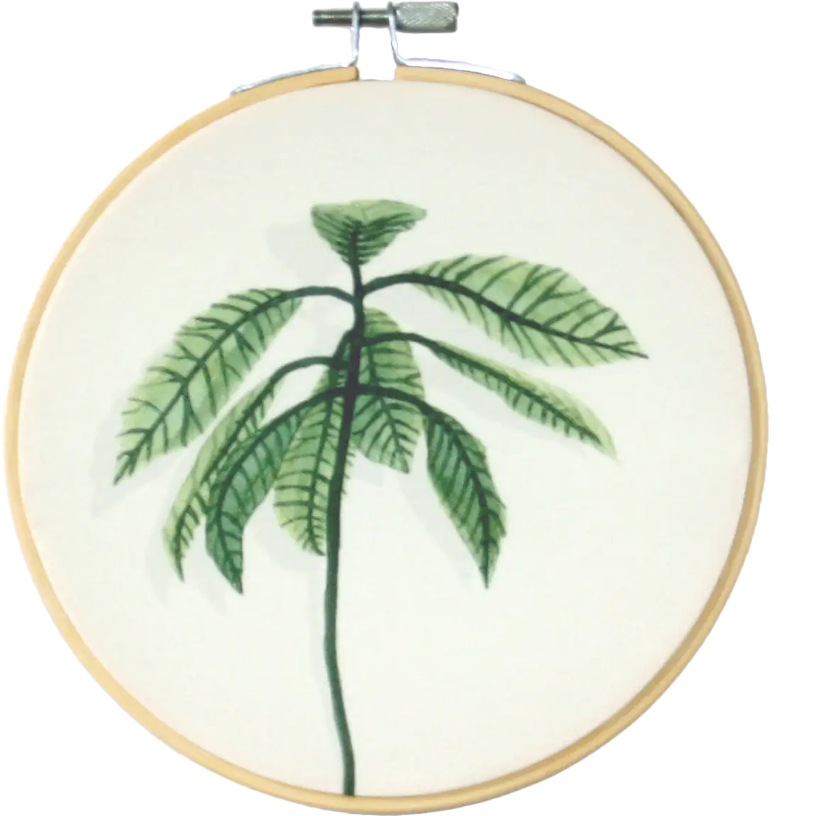 Embroidered Green Plant in Wooden Hoop
