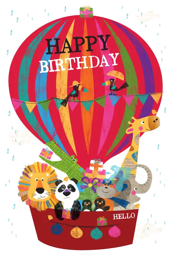 Happy Birthday Hot Air Balloon with Cute Animals