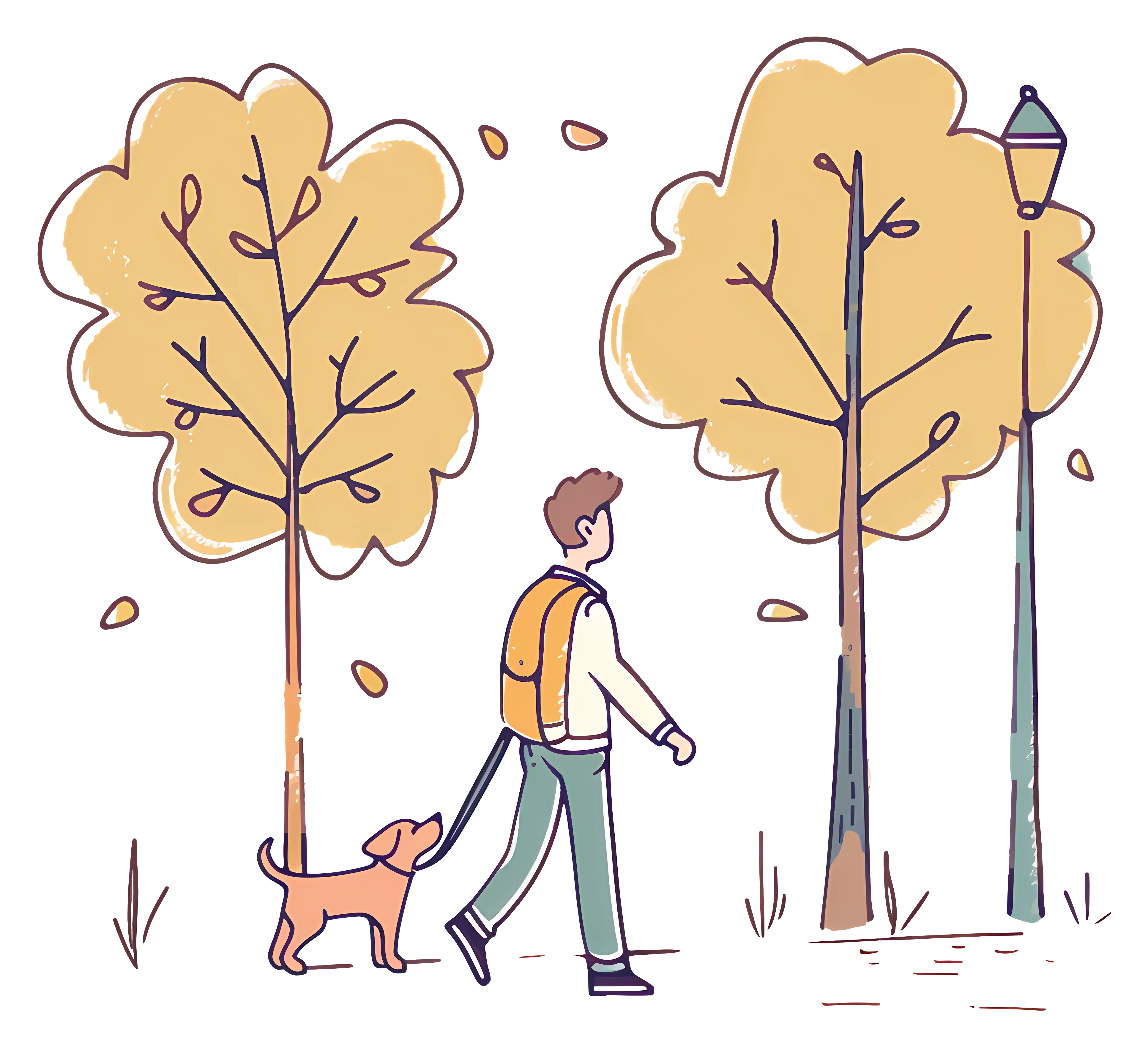 Man Walking Dog in a Beautiful Autumn Park