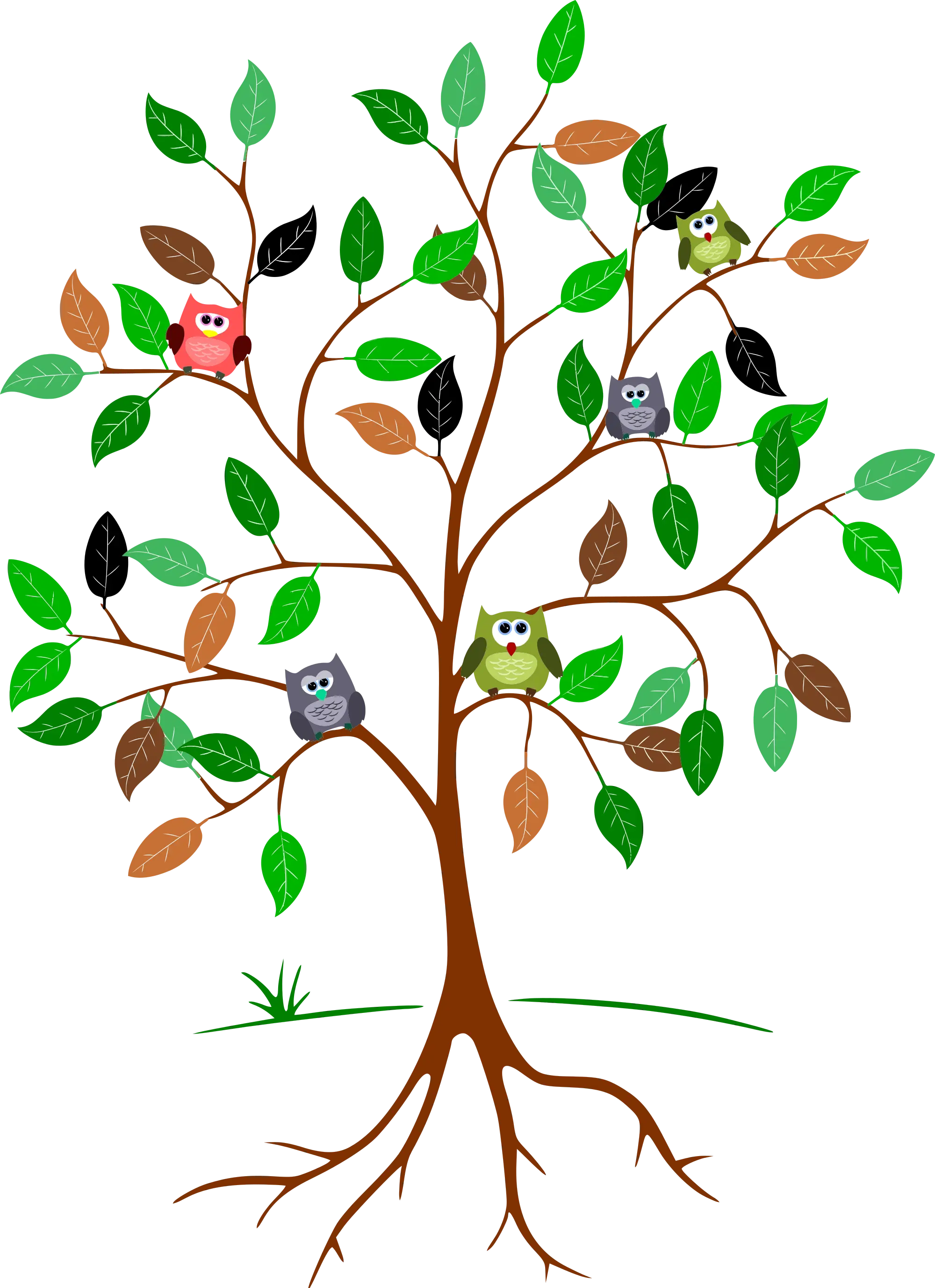 Tree Illustration with Colorful Owls