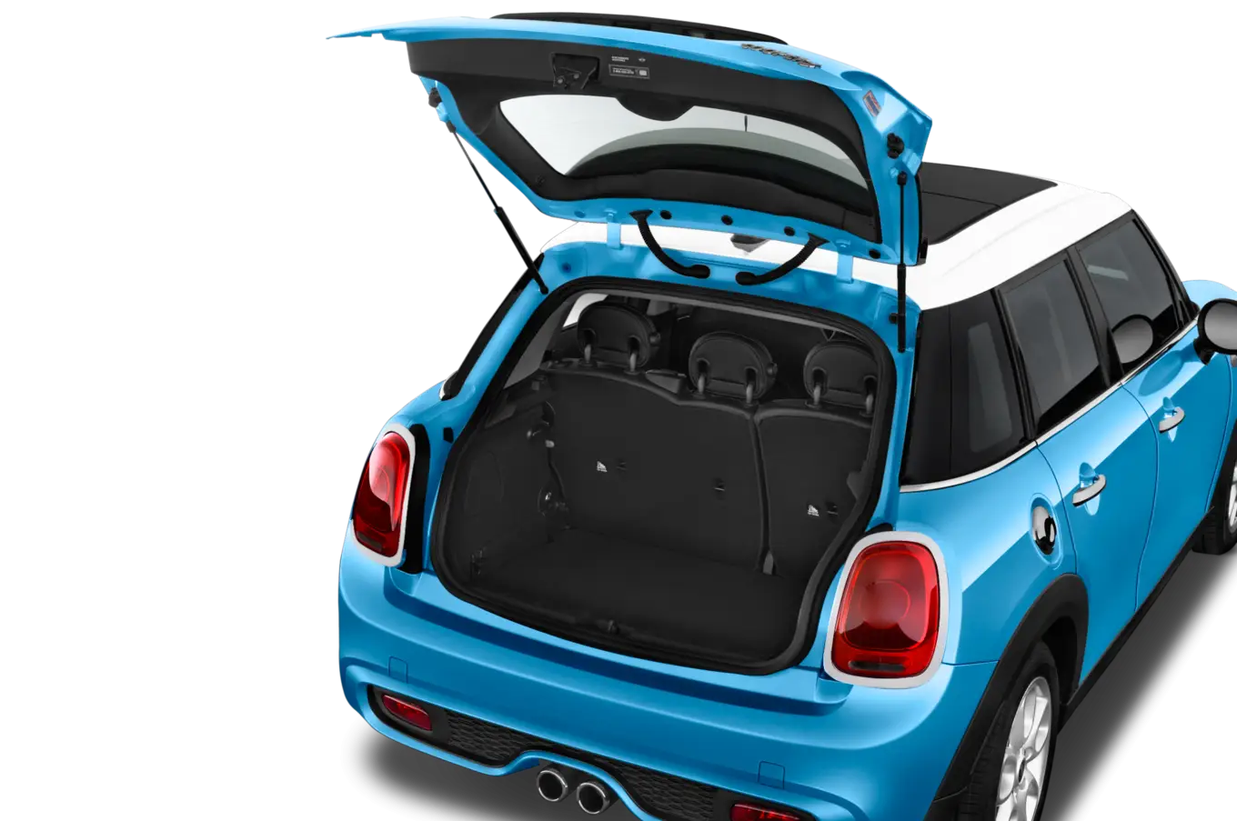 Light Blue Mini Cooper Hatchback with Open Trunk